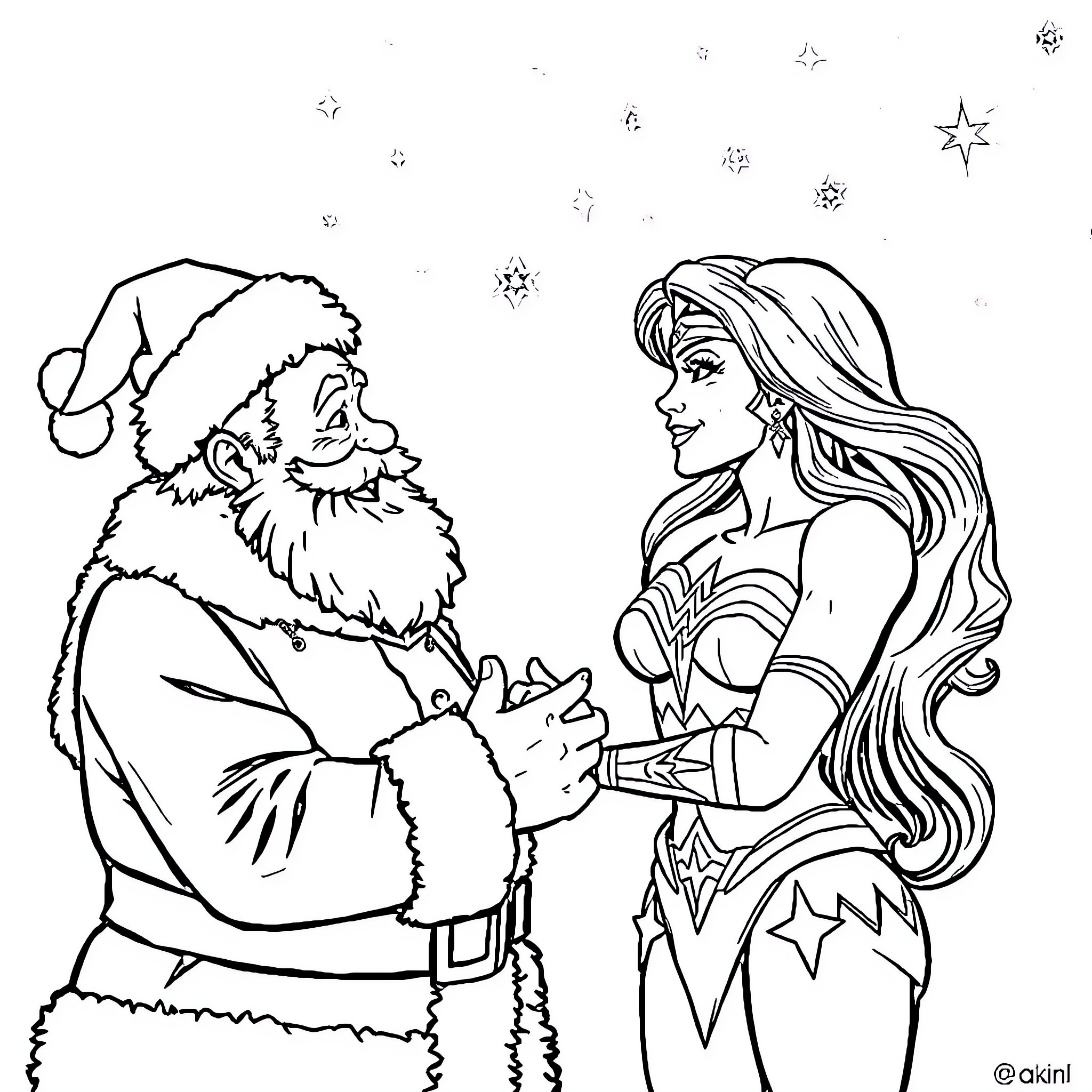 Santa Meets a Heroine in the Starry Night Coloring Page (free black-and-white line drawing printable PDF for all, from beginners to advanced learners, including children, teens, adults, and seniors)