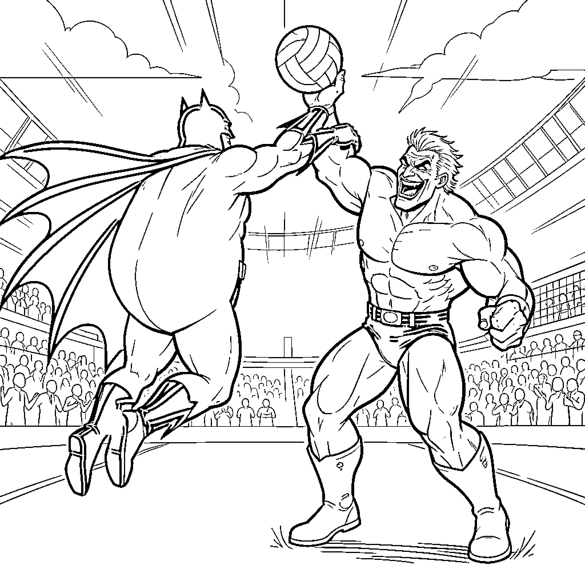 Batman and the Muscular Villain Battling in a Sports Arena Coloring Page (free black-and-white line drawing printable PDF for all, from beginners to advanced learners, including children, teens, adults, and seniors)