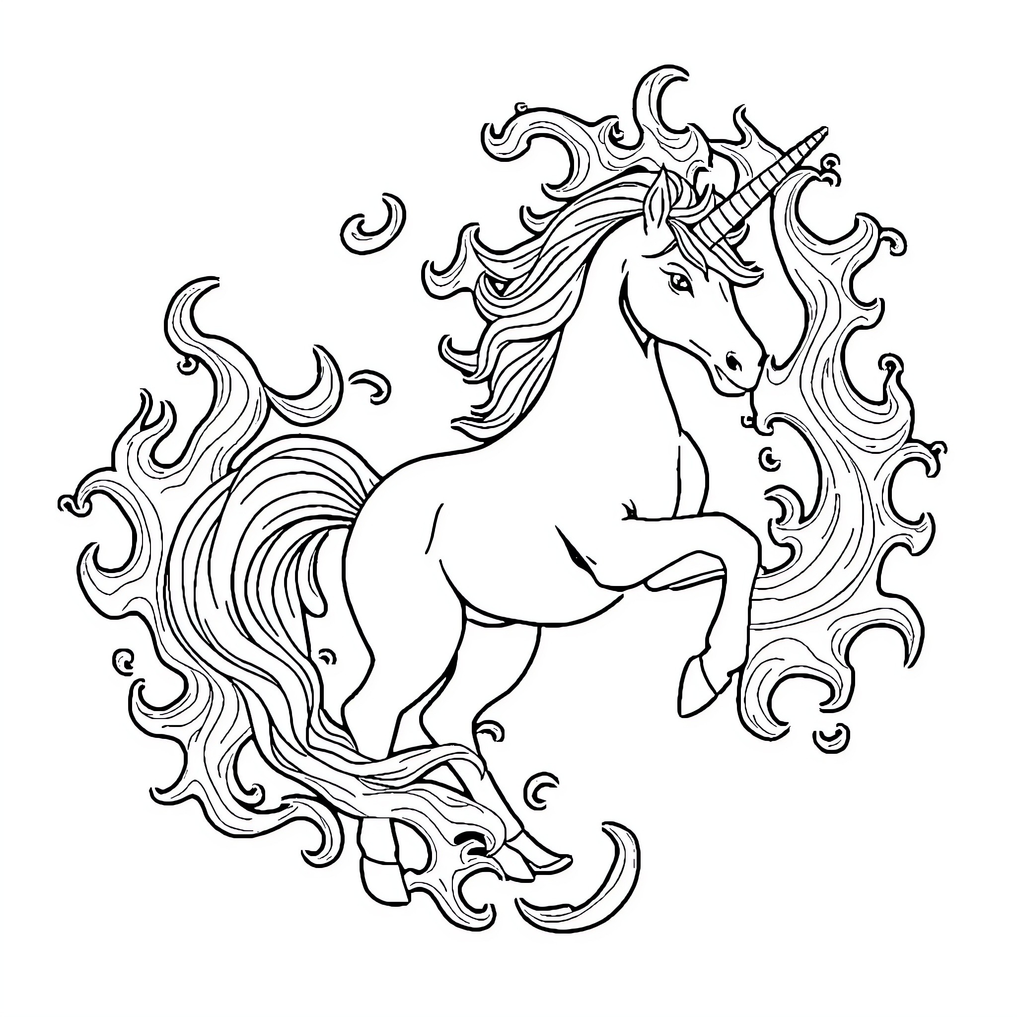 Unicorn prancing with magical swirls Coloring Page (free black-and-white line drawing printable PDF for all, from beginners to advanced learners, including children, teens, adults, and seniors)
