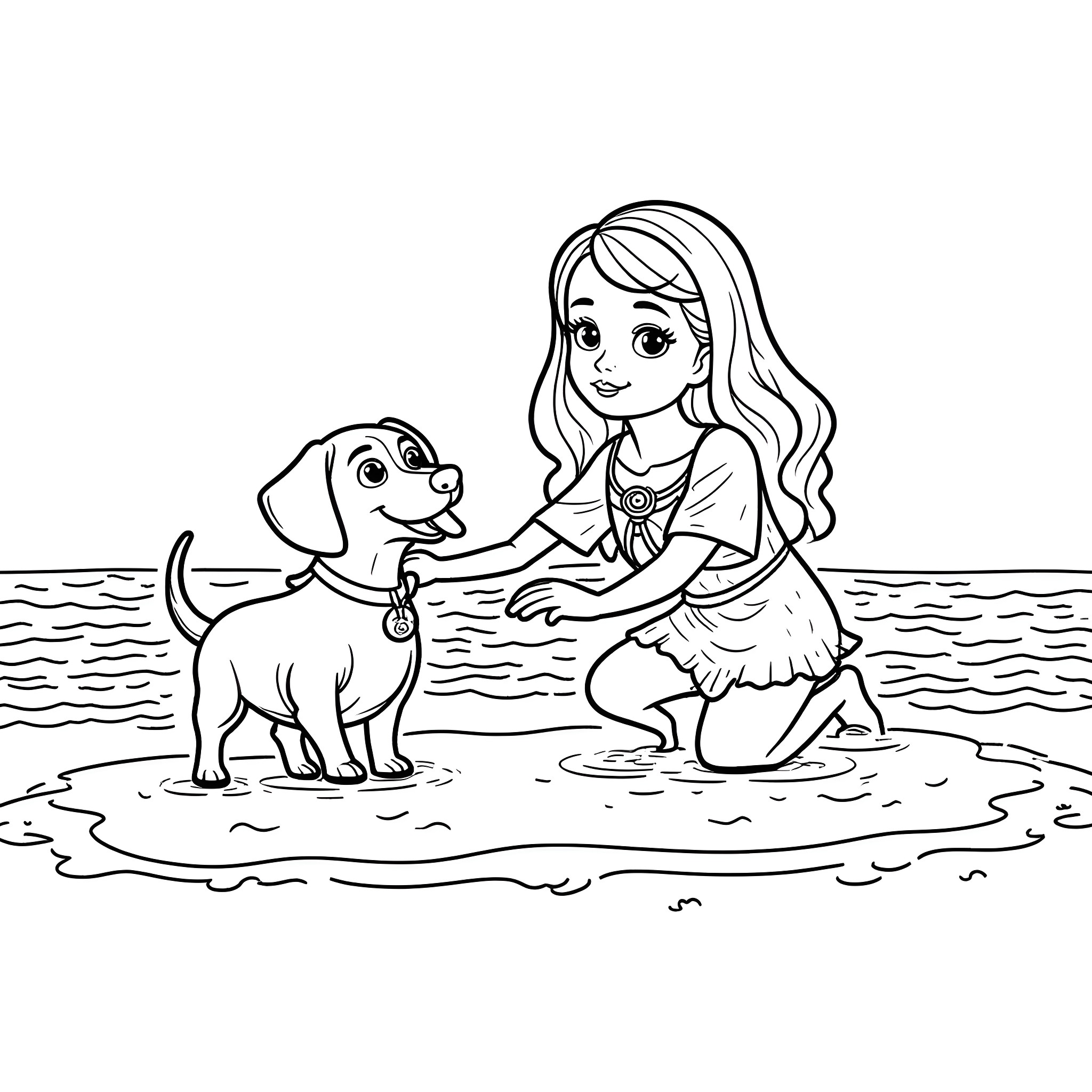 Moana playing with her loyal companion on the beach Coloring Page (free black-and-white line drawing printable PDF for all, from beginners to advanced learners, including children, teens, adults, and seniors)