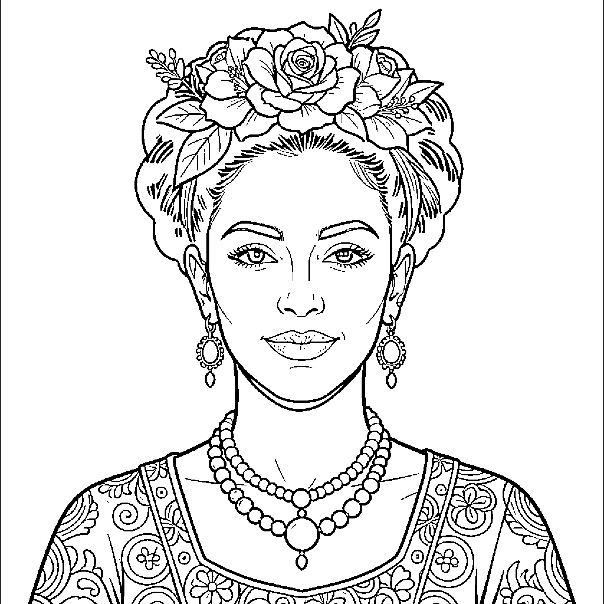 Frida Kahlo's Iconic Portrait with Floral Headdress Coloring Page (free black-and-white line drawing printable PDF for all, from beginners to advanced learners, including children, teens, adults, and seniors)