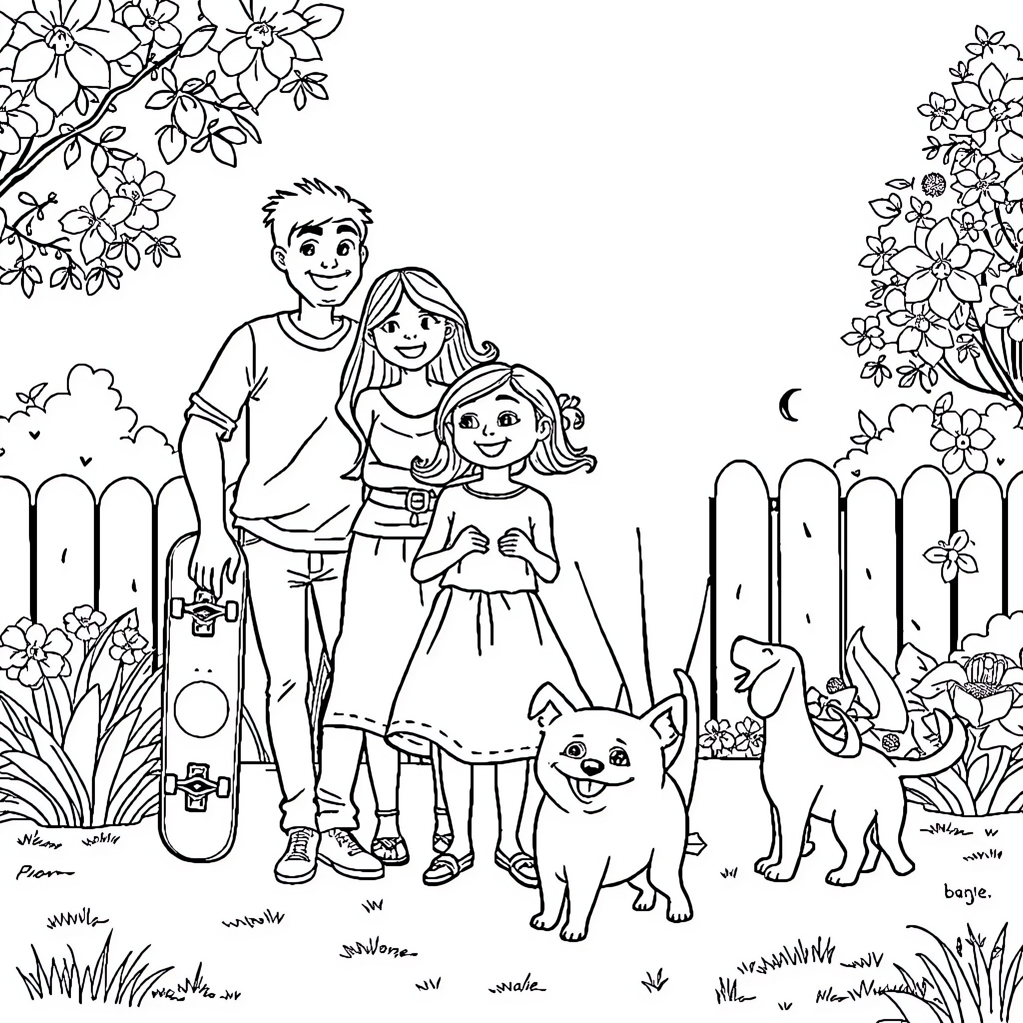 Family enjoying a peaceful day outdoors Coloring Page (free black-and-white line drawing printable PDF for all, from beginners to advanced learners, including children, teens, adults, and seniors)