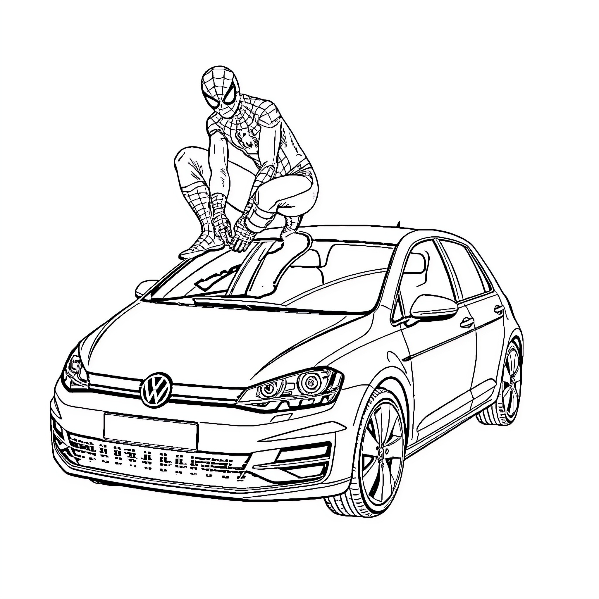Spiderman in action on a Volkswagen car Coloring Page (free black-and-white line drawing printable PDF for all, from beginners to advanced learners, including children, teens, adults, and seniors)