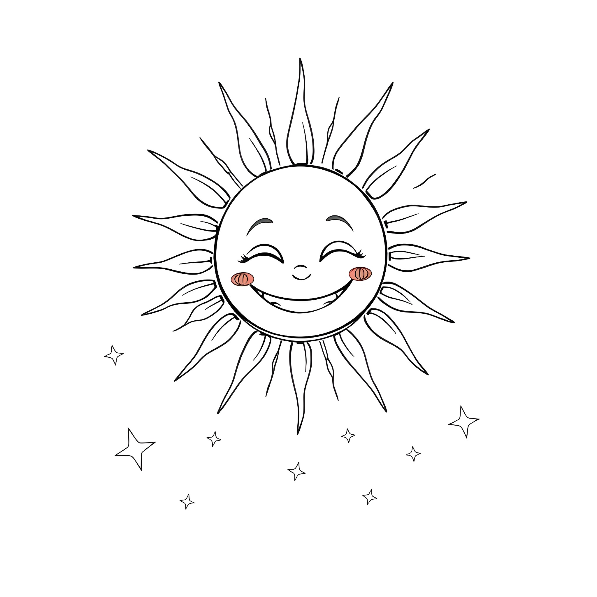 Sun and Stars smiling happily in the sky Coloring Page (free black-and-white line drawing printable PDF for all, from beginners to advanced learners, including children, teens, adults, and seniors)