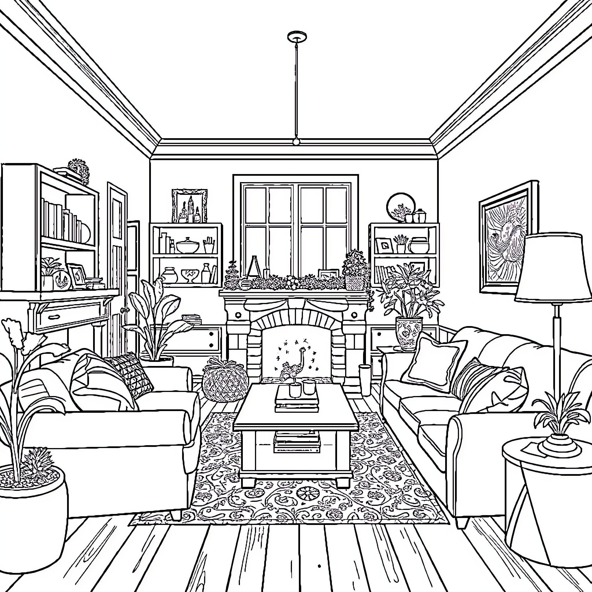 Interior Living Room with Furniture and Decor Coloring Page (free black-and-white line drawing printable PDF for all, from beginners to advanced learners, including children, teens, adults, and seniors)