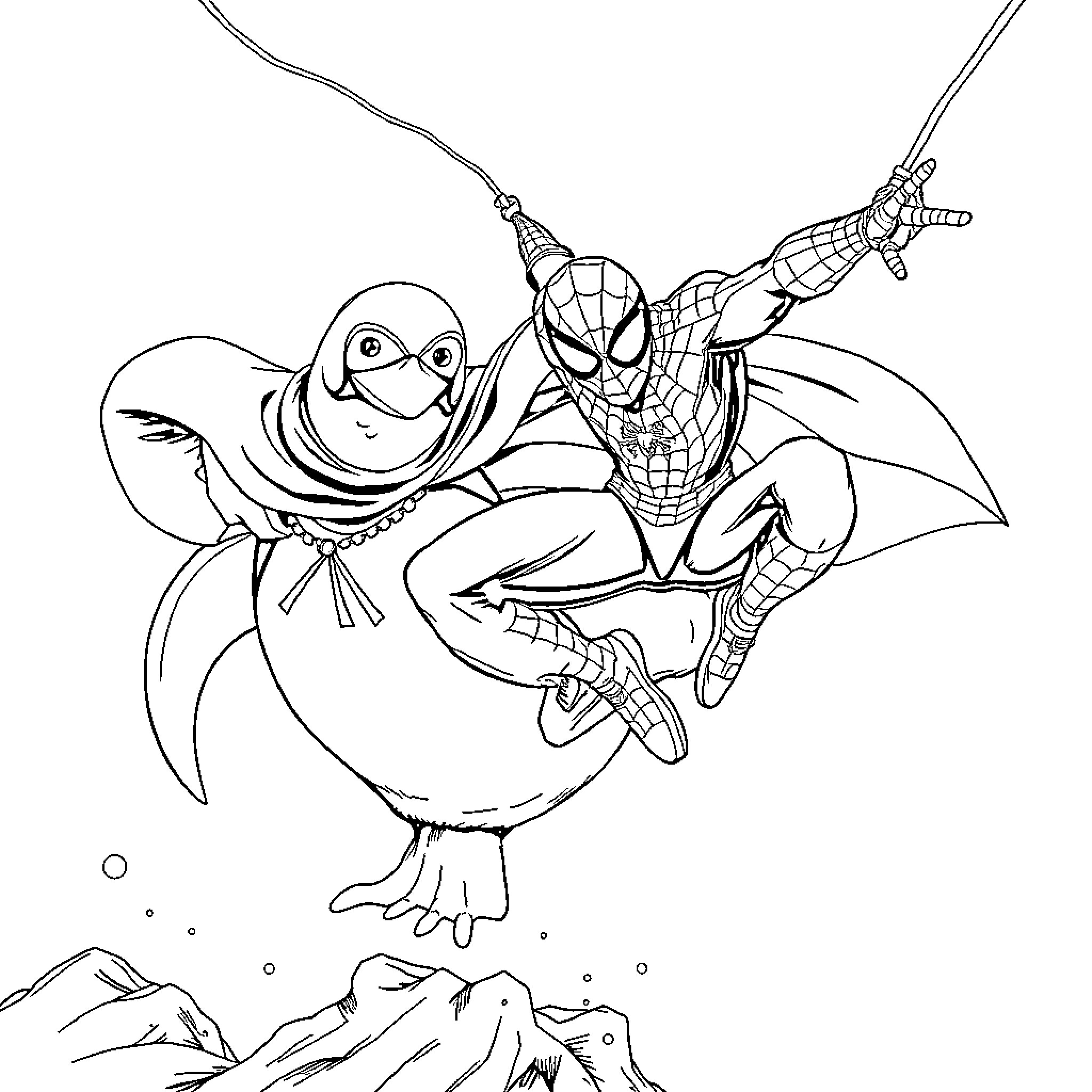 Spider-Man and friend in action-packed adventure Coloring Page (free black-and-white line drawing printable PDF for all, from beginners to advanced learners, including children, teens, adults, and seniors)