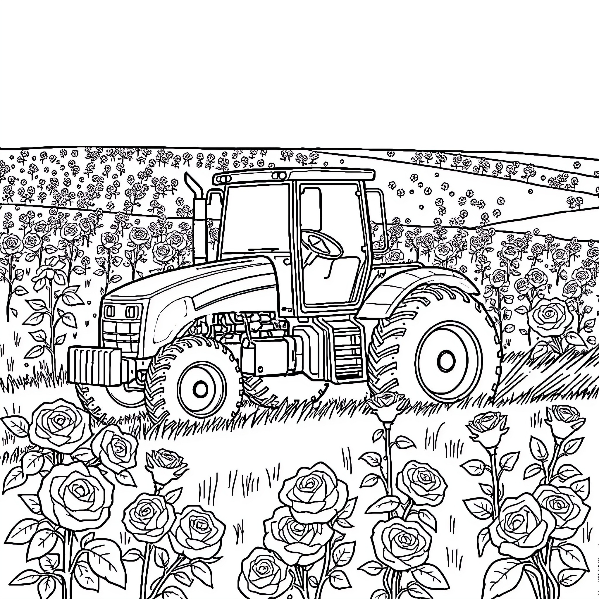 Tractor Plowing Through Floral Landscape Coloring Page (free black-and-white line drawing printable PDF for all, from beginners to advanced learners, including children, teens, adults, and seniors)