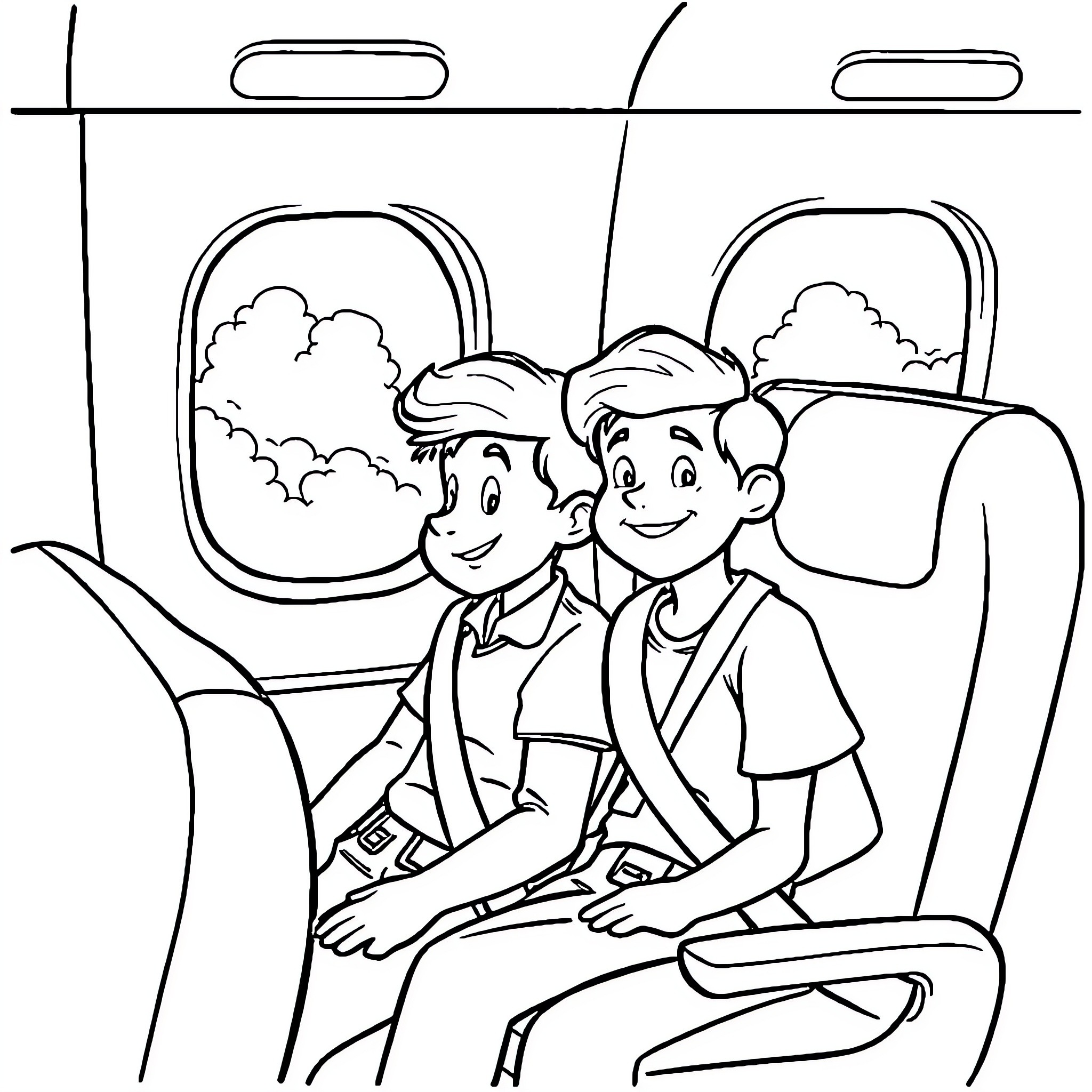 Johnny and Friend Enjoying the View on Airplane Coloring Page (free black-and-white line drawing printable PDF for all, from beginners to advanced learners, including children, teens, adults, and seniors)