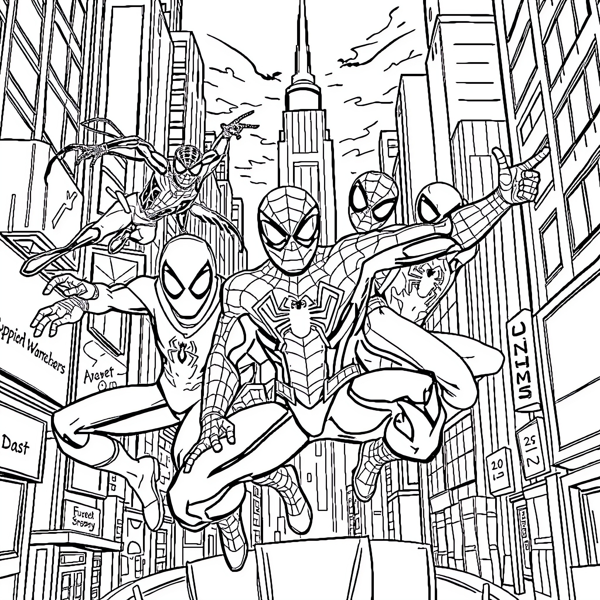 Spider-Heroes Soar Through the City Streets Coloring Page (free black-and-white line drawing printable PDF for all, from beginners to advanced learners, including children, teens, adults, and seniors)