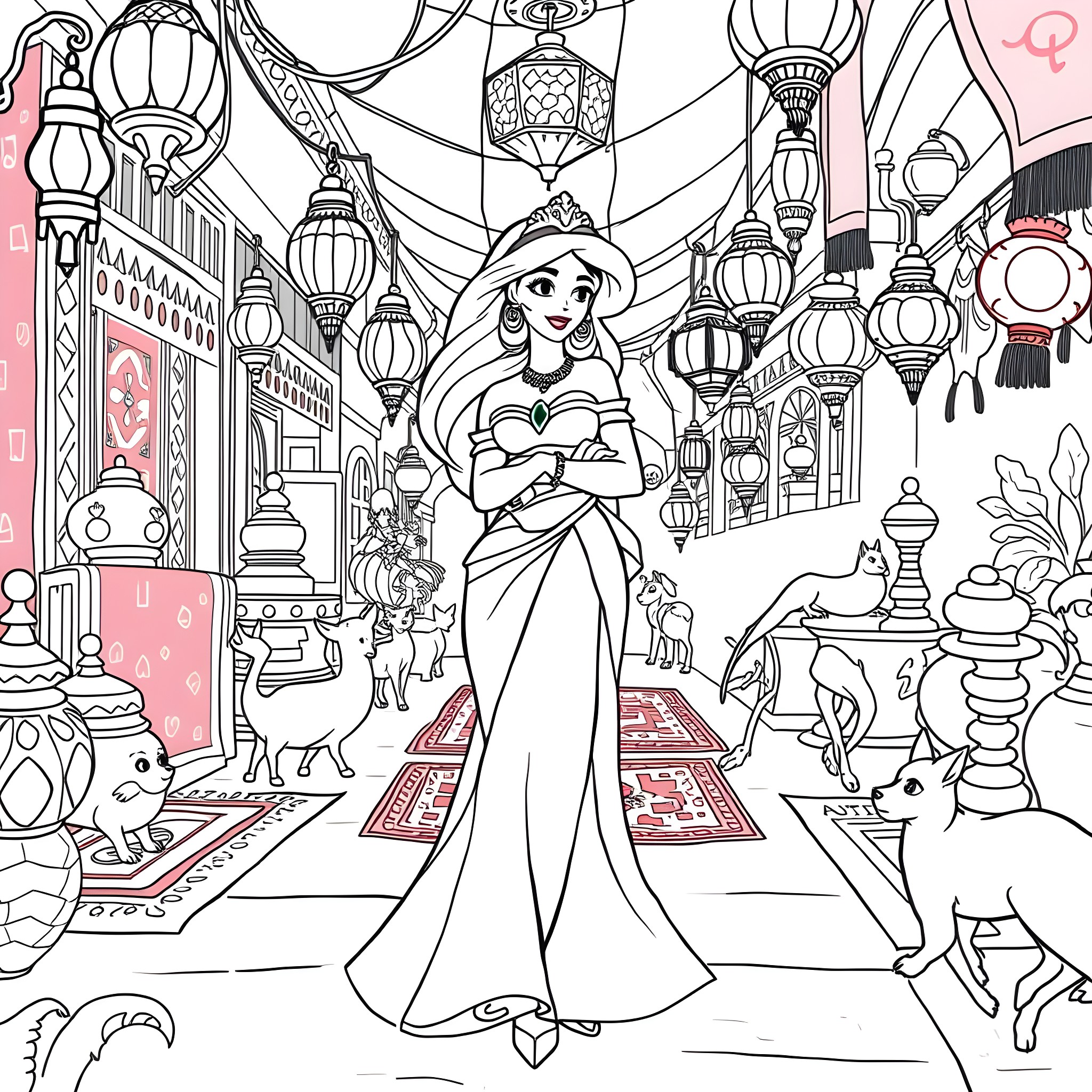 Jasmine exploring the bustling marketplace Coloring Page (free black-and-white line drawing printable PDF for all, from beginners to advanced learners, including children, teens, adults, and seniors)