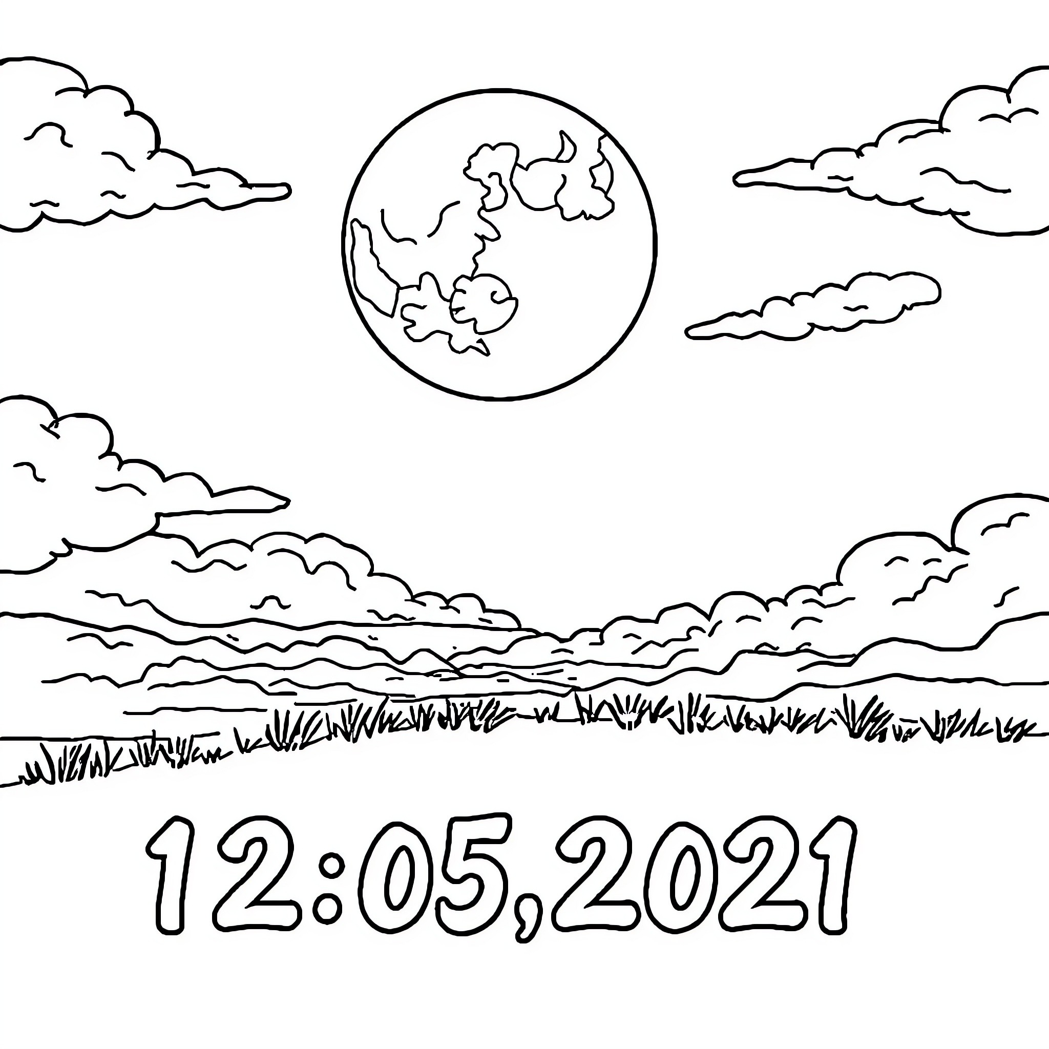 Moon rising over a cloudy landscape Coloring Page (free black-and-white line drawing printable PDF for all, from beginners to advanced learners, including children, teens, adults, and seniors)