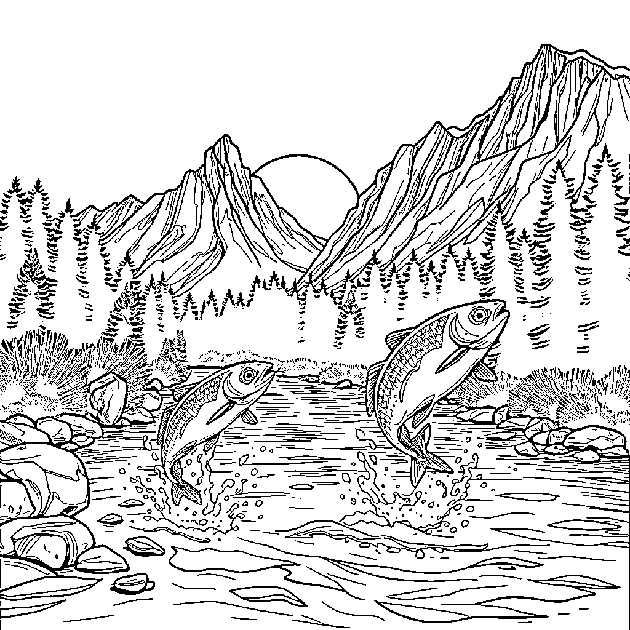 Mountain Landscape with Leaping Fish Coloring Page (free black-and-white line drawing printable PDF for all, from beginners to advanced learners, including children, teens, adults, and seniors)