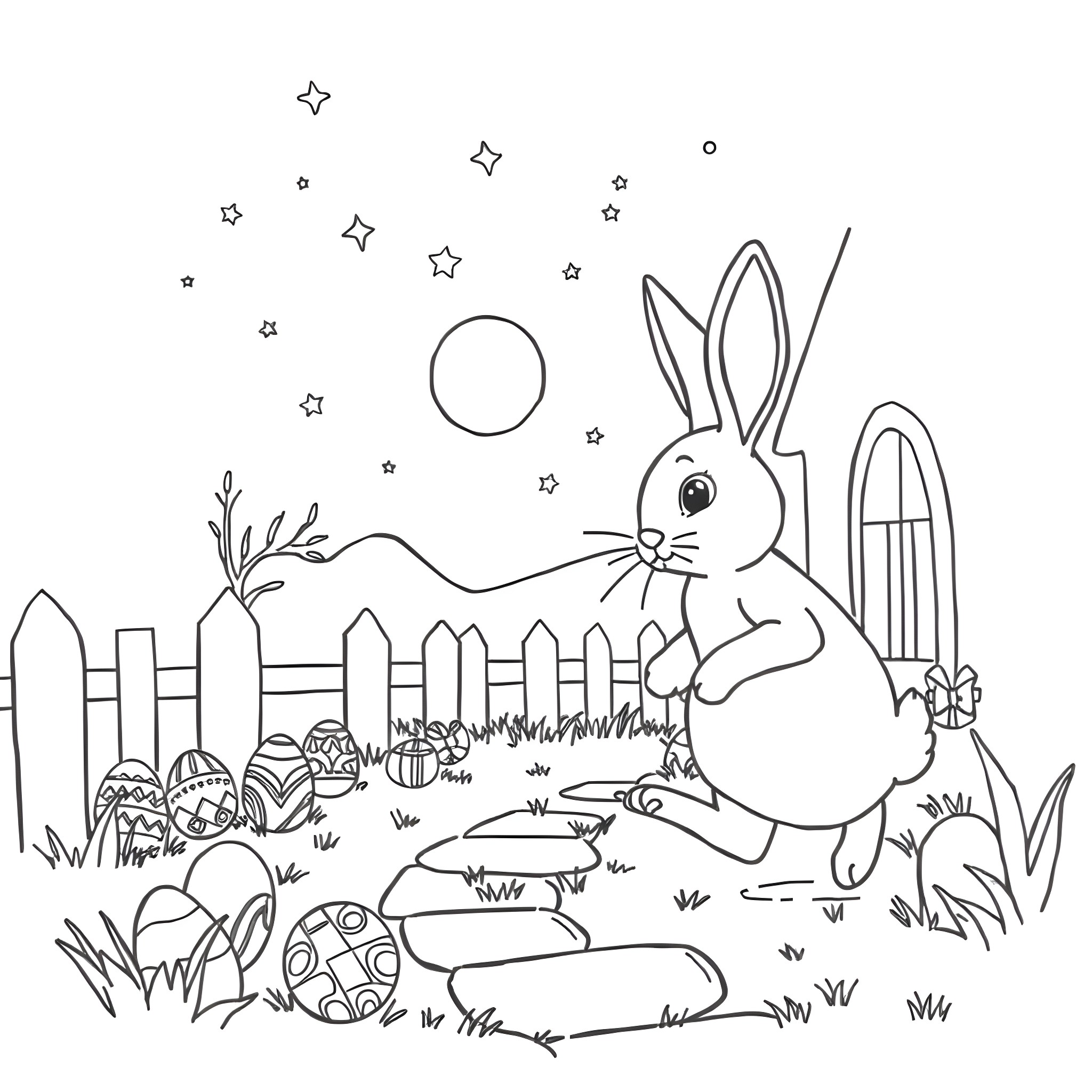 Bunny exploring a whimsical garden with eggs Coloring Page (free black-and-white line drawing printable PDF for all, from beginners to advanced learners, including children, teens, adults, and seniors)