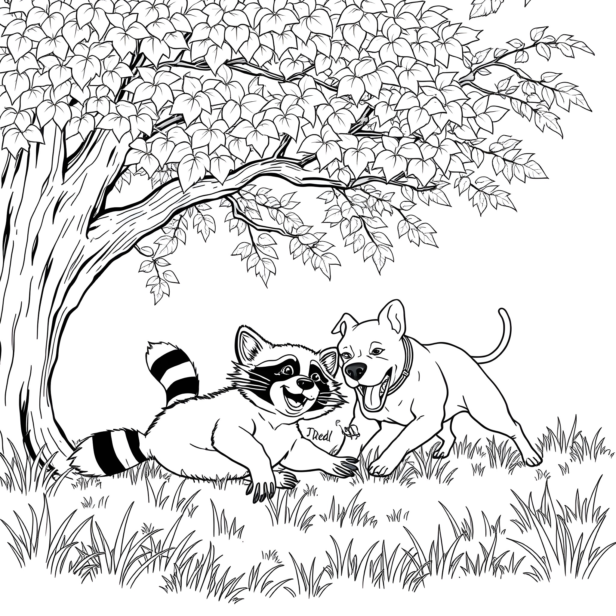 Raccoon and dog playing under a leafy tree Coloring Page (free black-and-white line drawing printable PDF for all, from beginners to advanced learners, including children, teens, adults, and seniors)