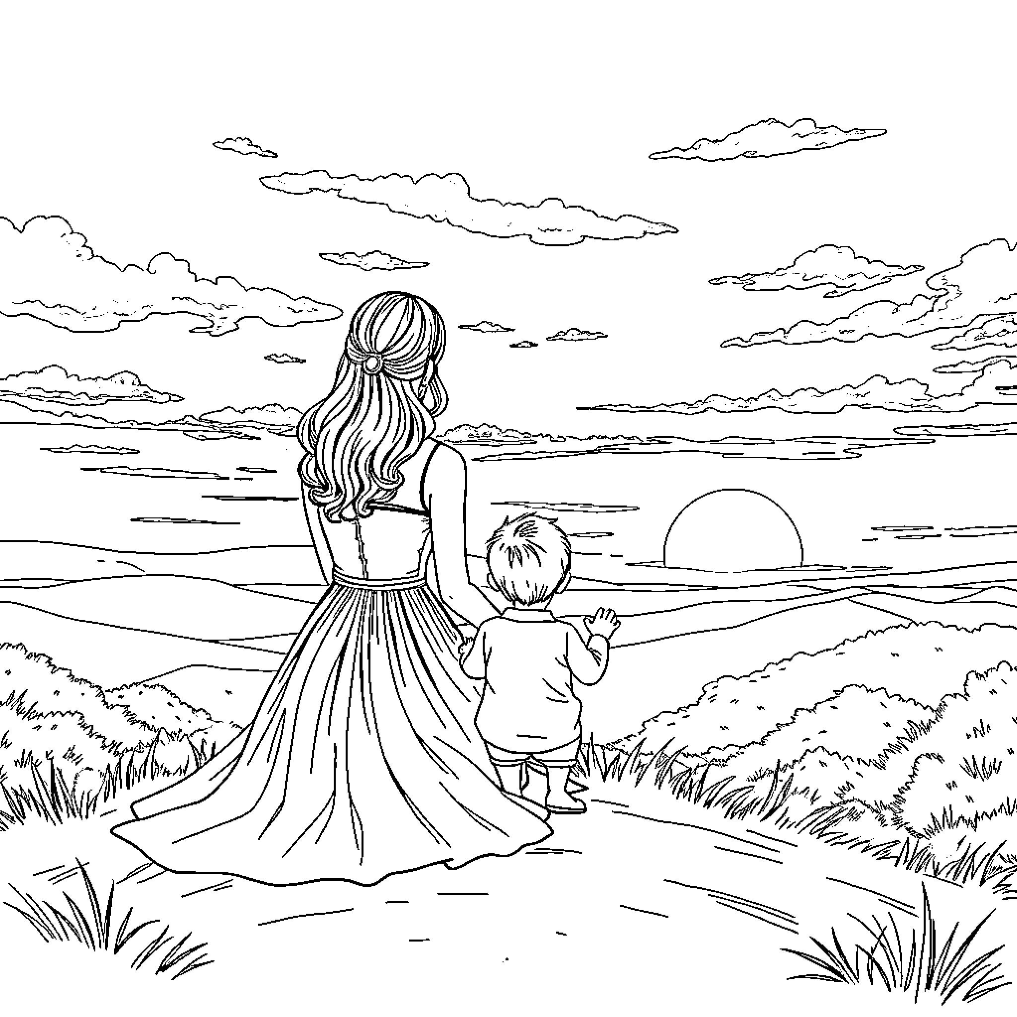 Family strolling together in scenic landscape Coloring Page (free black-and-white line drawing printable PDF for all, from beginners to advanced learners, including children, teens, adults, and seniors)