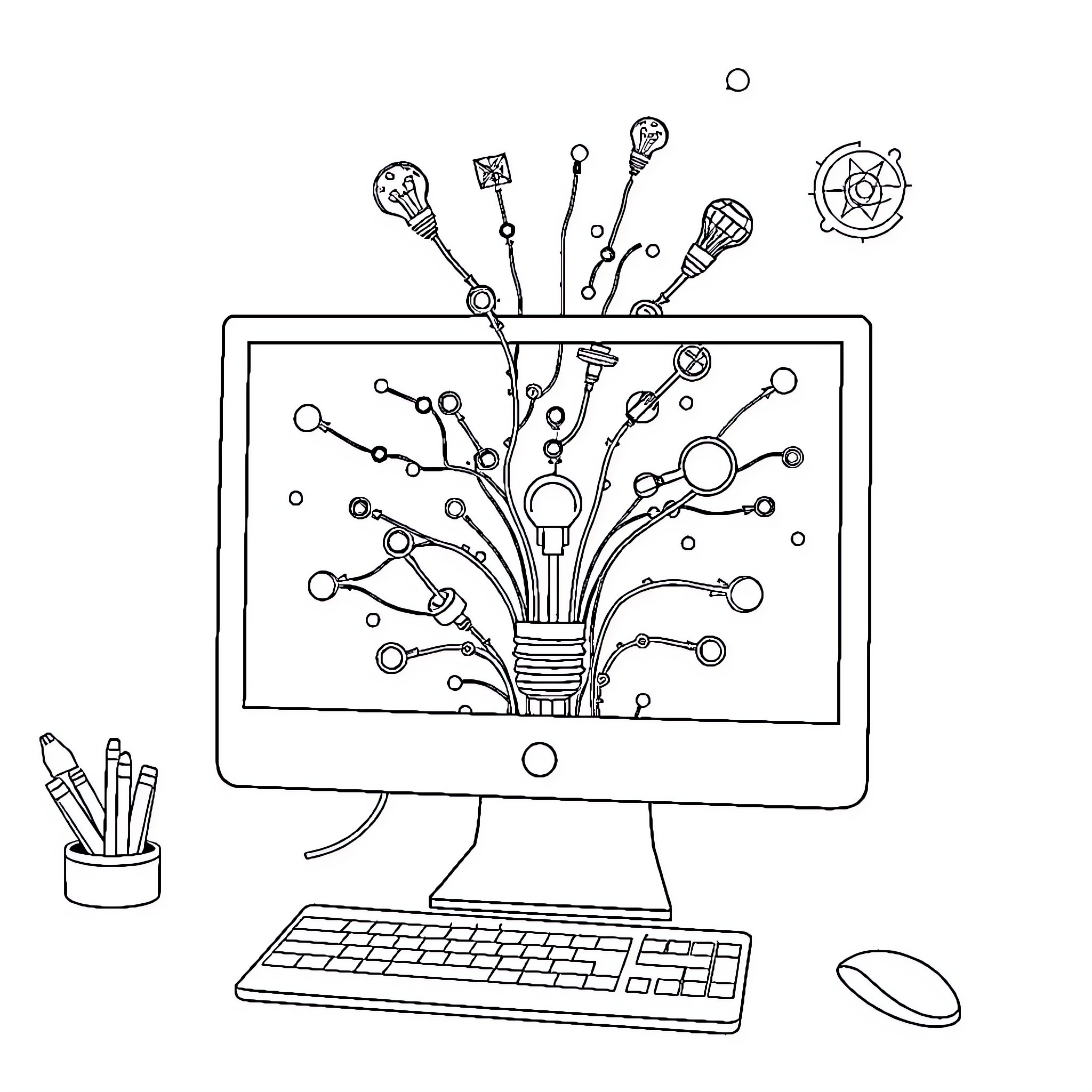 AI Sketch of Creative Computer Tools and Accessories Coloring Page (free black-and-white line drawing printable PDF for all, from beginners to advanced learners, including children, teens, adults, and seniors)
