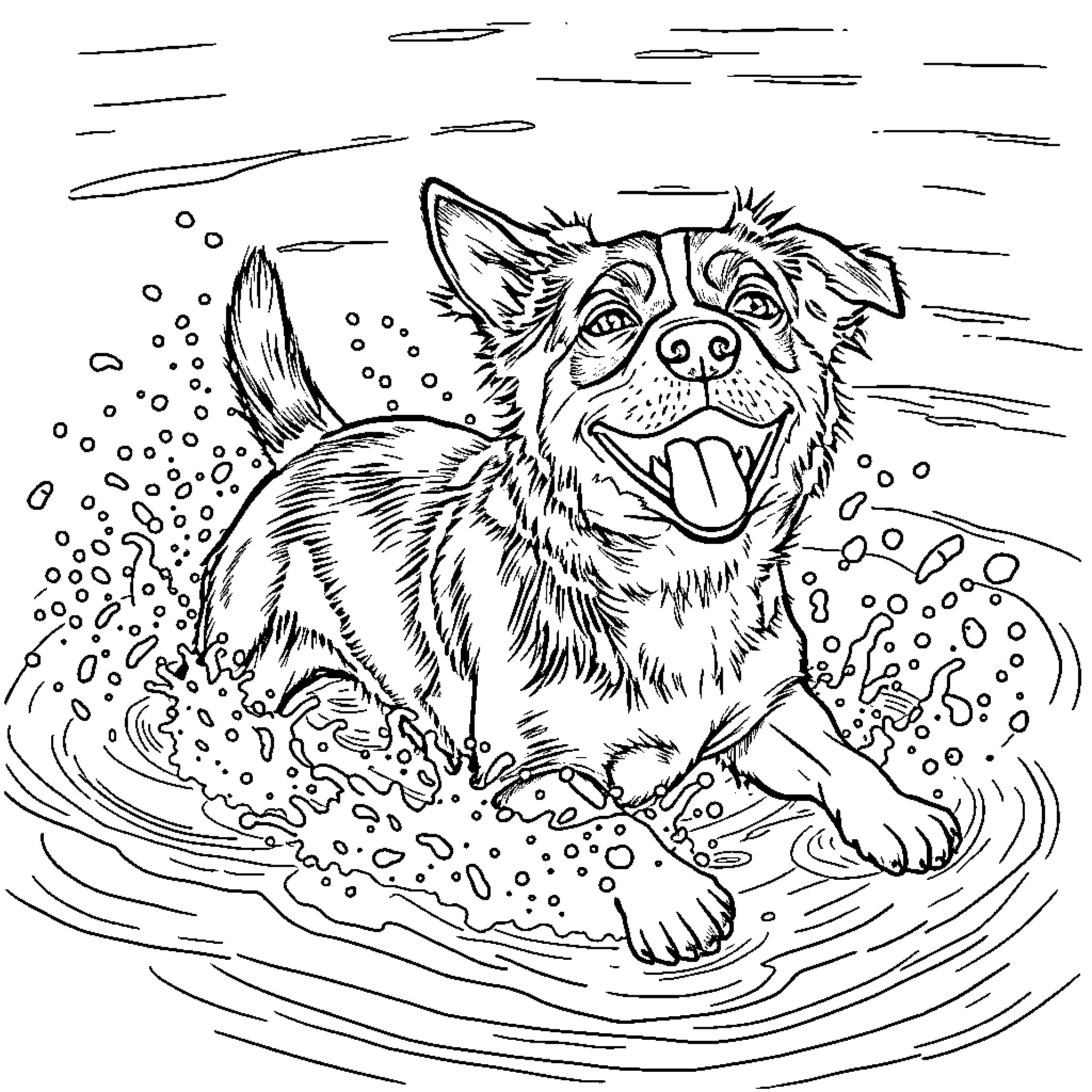Dog splashing playfully in the water Coloring Page (free black-and-white line drawing printable PDF for all, from beginners to advanced learners, including children, teens, adults, and seniors)