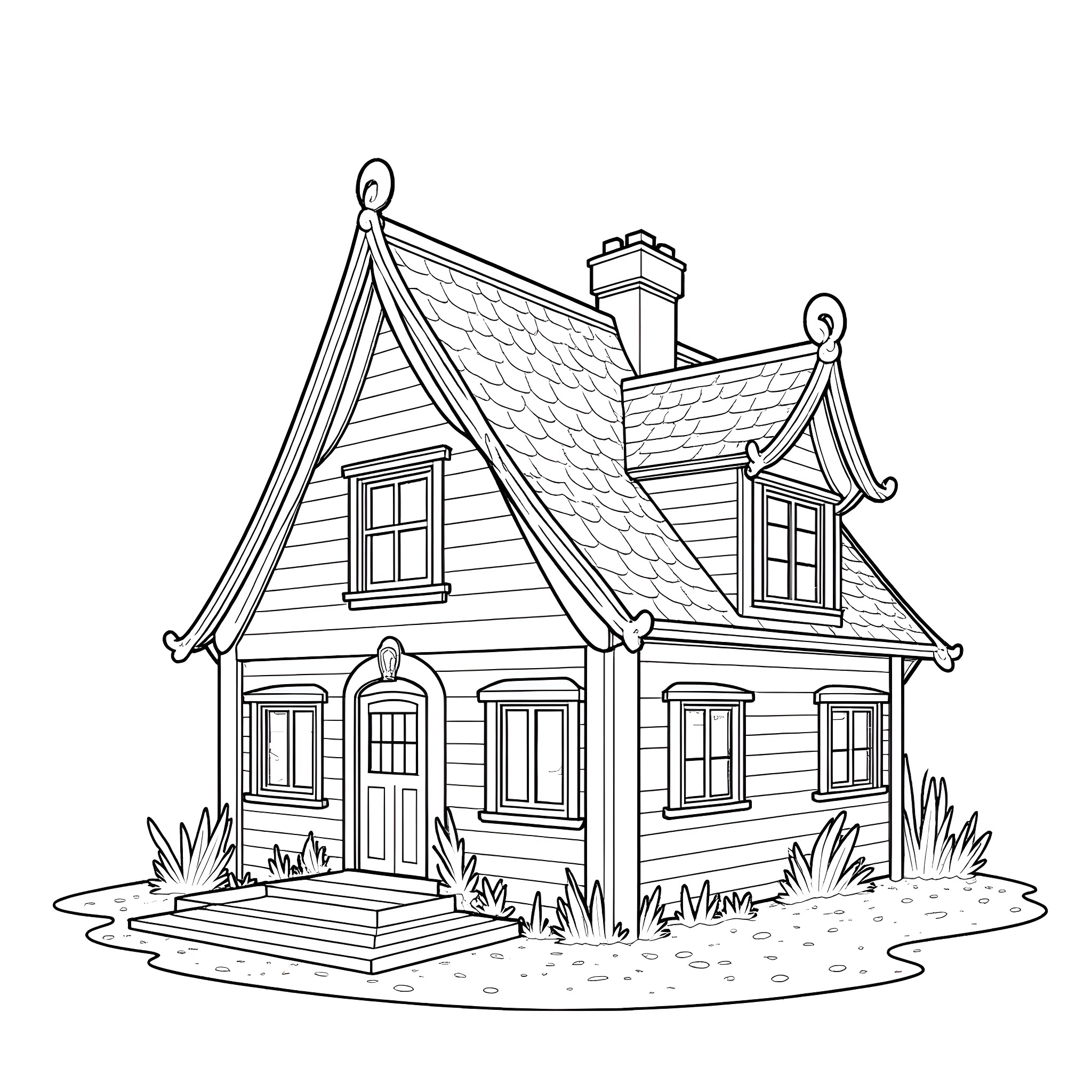 House with intricate roof and windows Coloring Page (free black-and-white line drawing printable PDF for all, from beginners to advanced learners, including children, teens, adults, and seniors)