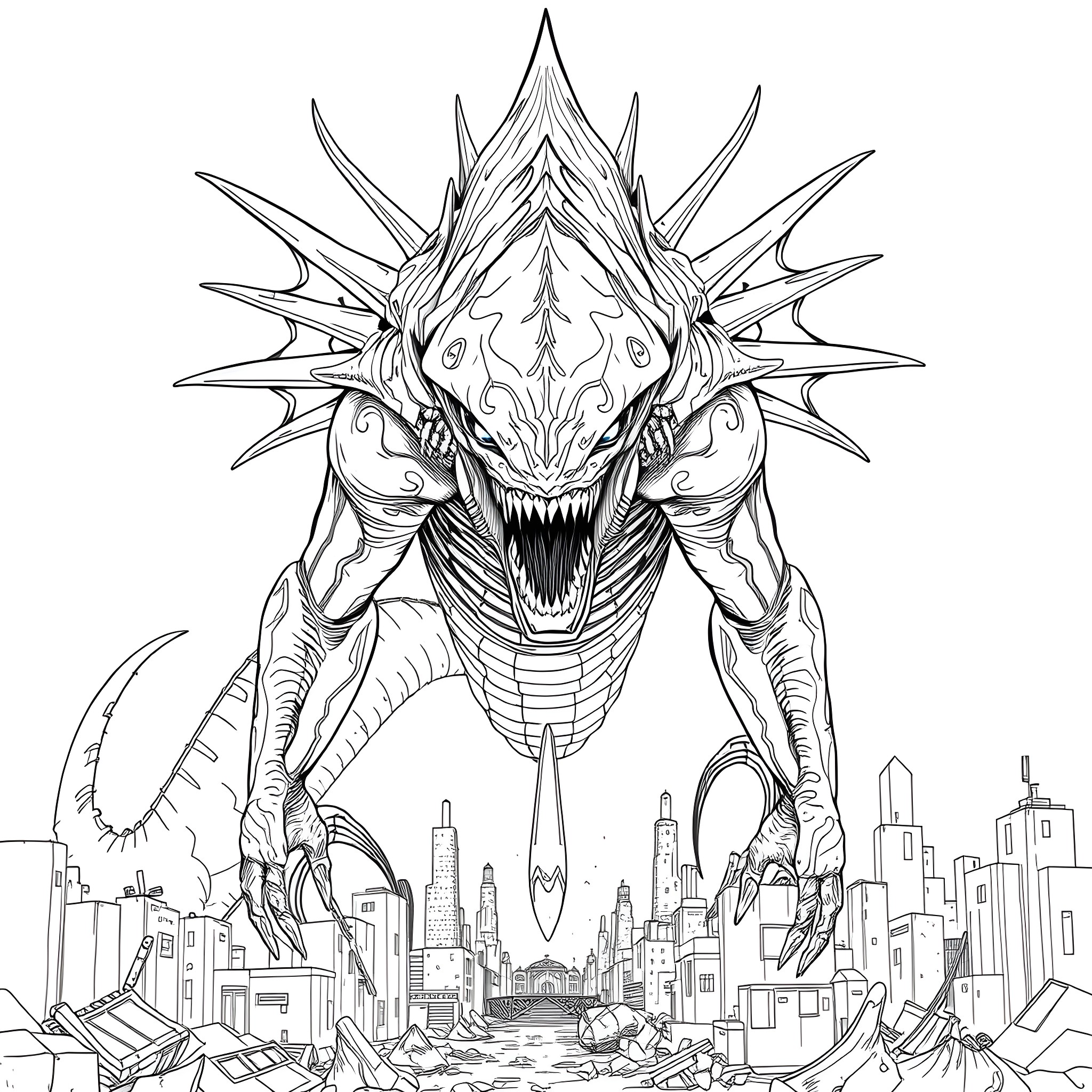 Nemesis, the Colossal Alien Invader Ravaging the City Coloring Page (free black-and-white line drawing printable PDF for all, from beginners to advanced learners, including children, teens, adults, and seniors)