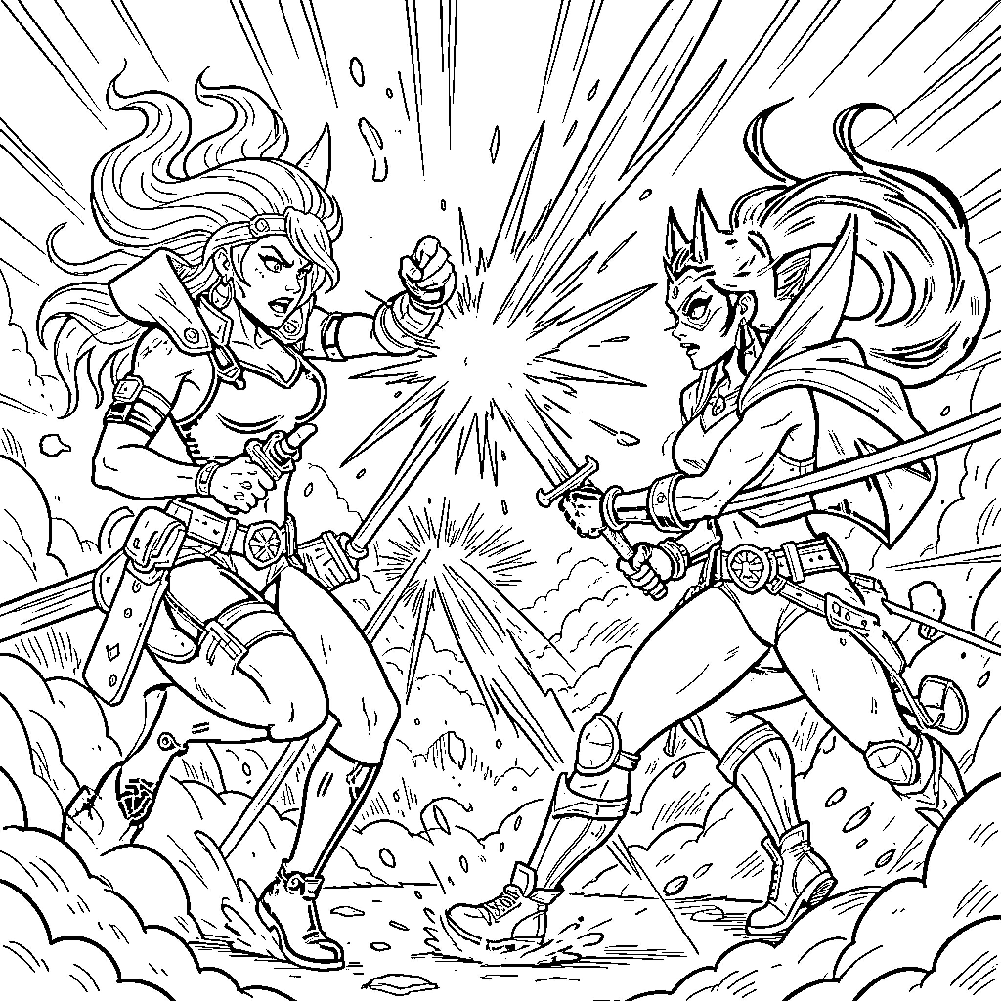 Las Huntrix: Heroic Clash of Warrior Women Coloring Page (free black-and-white line drawing printable PDF for all, from beginners to advanced learners, including children, teens, adults, and seniors)