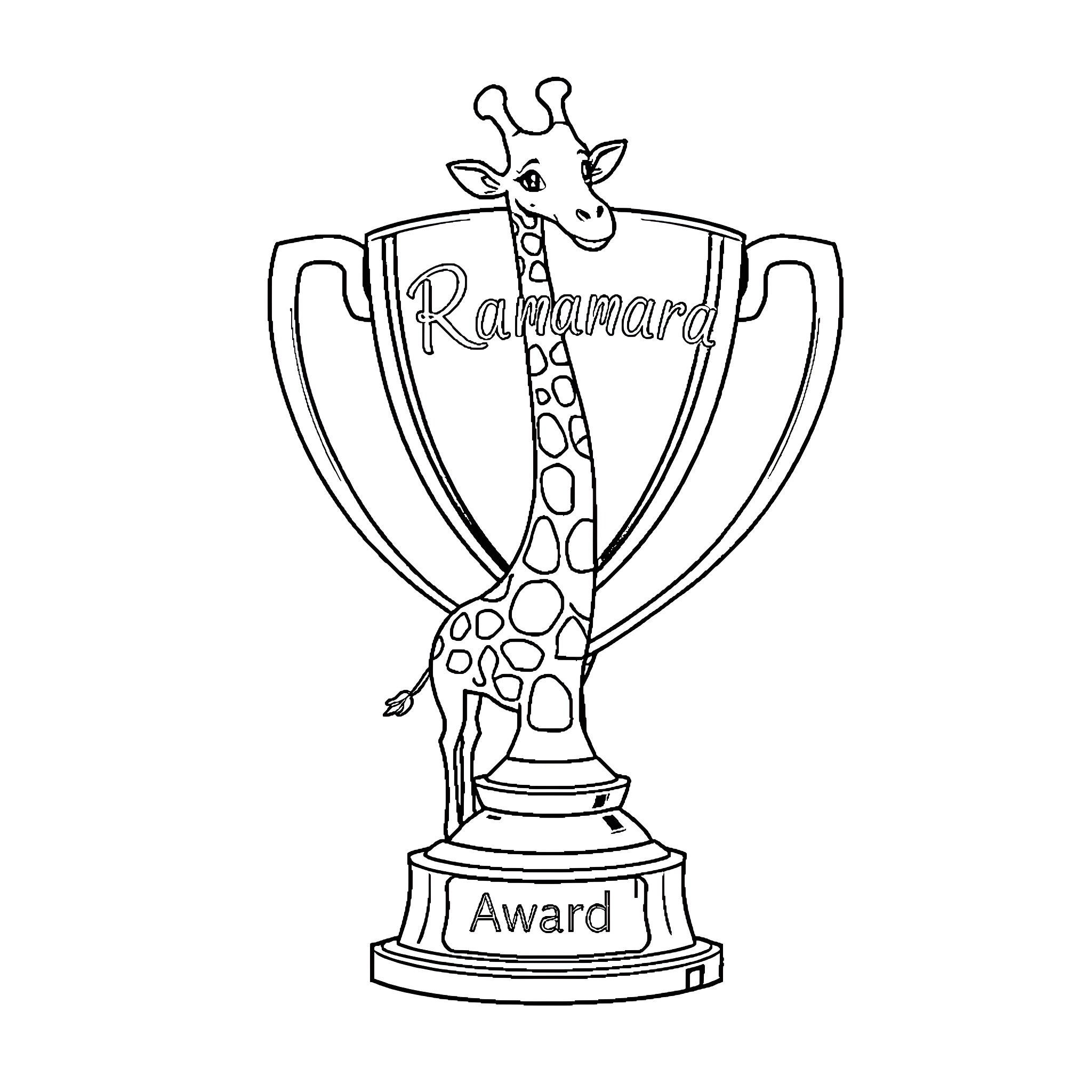 Giraffe Receiving Award Trophy Coloring Page (free black-and-white line drawing printable PDF for all, from beginners to advanced learners, including children, teens, adults, and seniors)