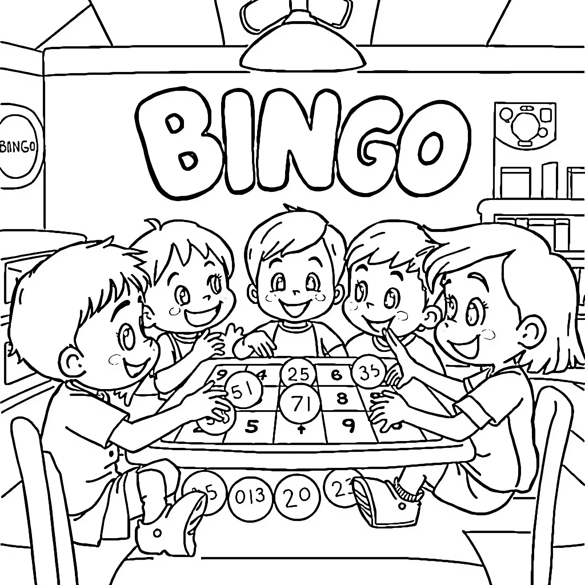 Bingo game fun and excitement Coloring Page (free black-and-white line drawing printable PDF for all, from beginners to advanced learners, including children, teens, adults, and seniors)