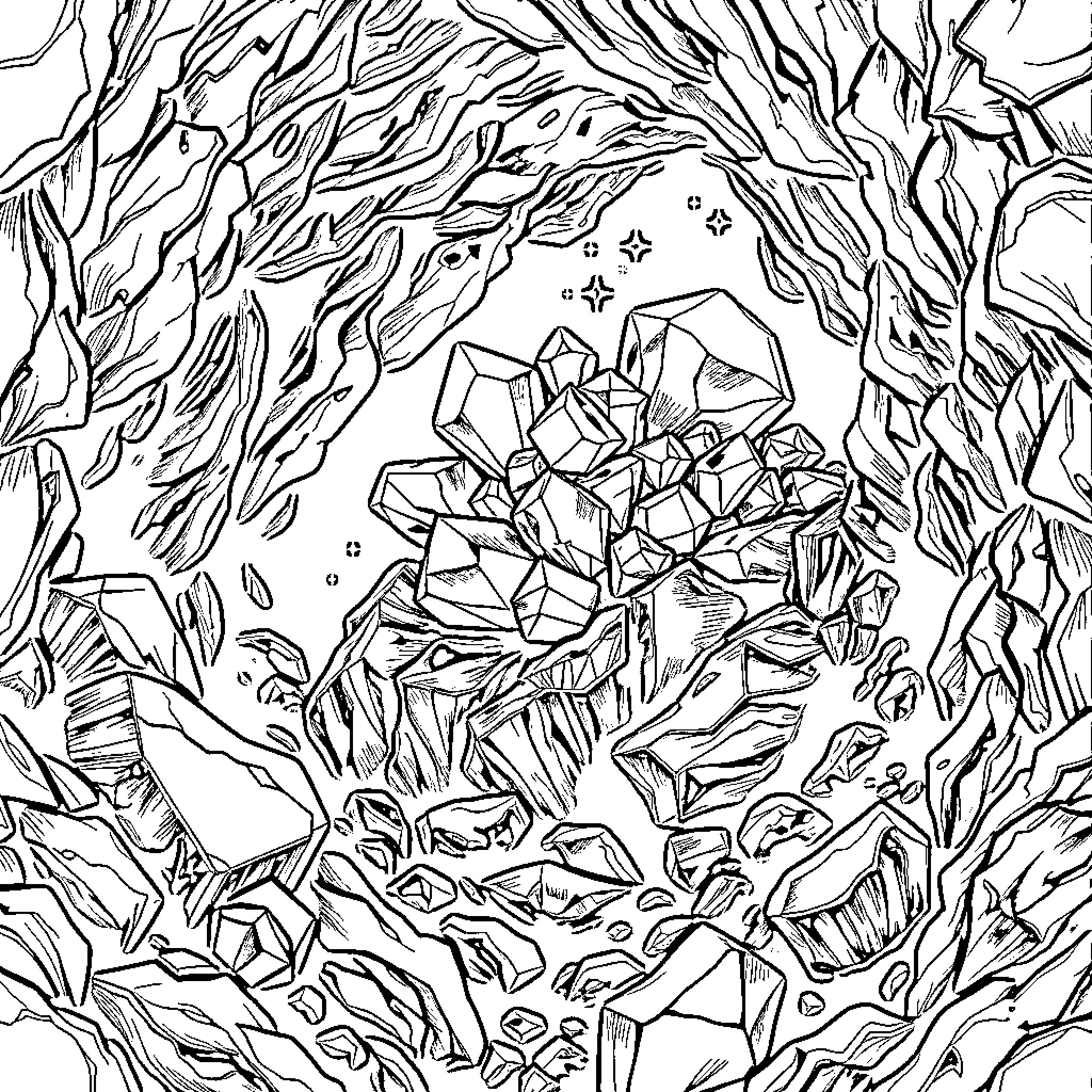 Gem Crystals Glowing in Enchanted Cave Coloring Page (free black-and-white line drawing printable PDF for all, from beginners to advanced learners, including children, teens, adults, and seniors)