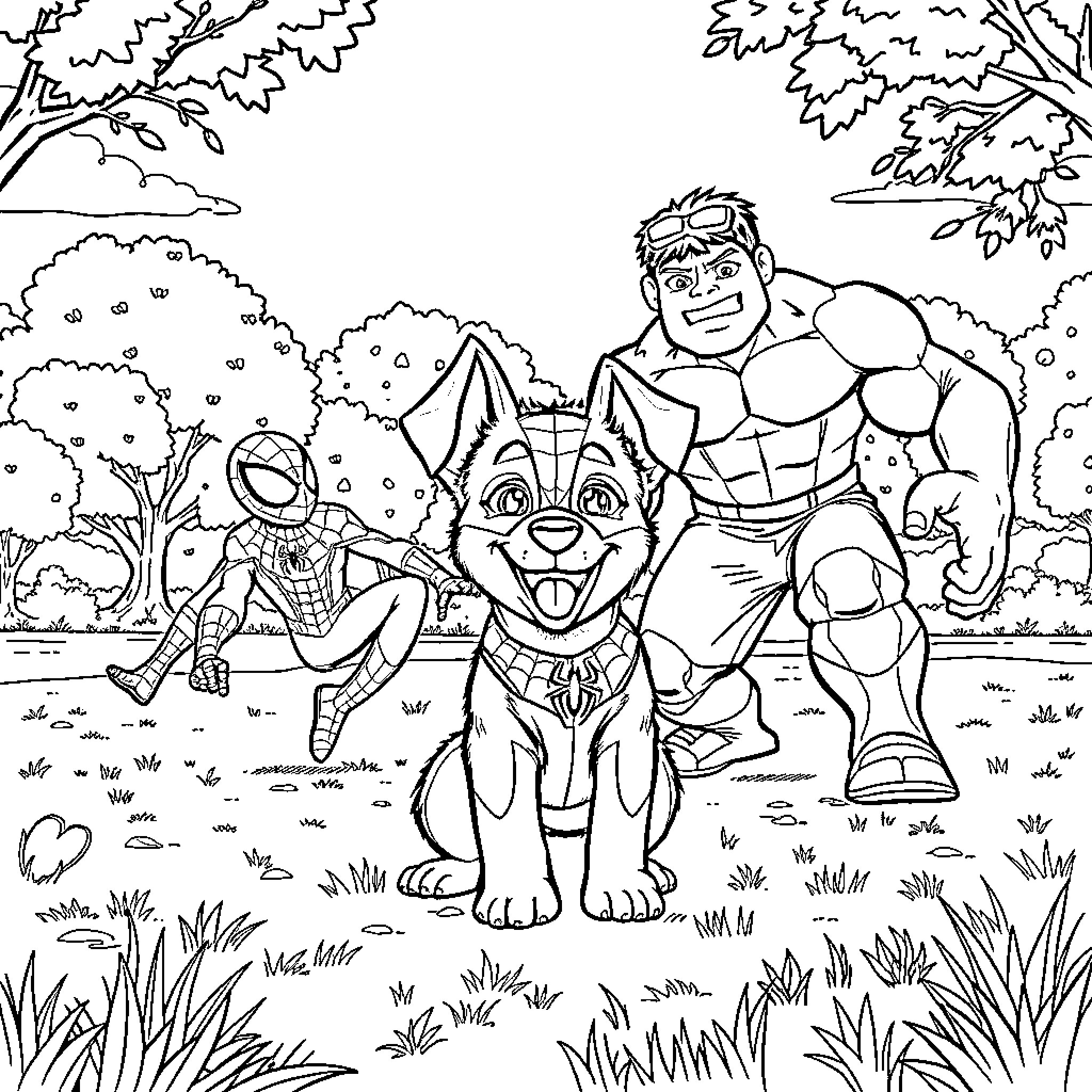 Bluey and Friends Explore the Outdoors Coloring Page (free black-and-white line drawing printable PDF for all, from beginners to advanced learners, including children, teens, adults, and seniors)