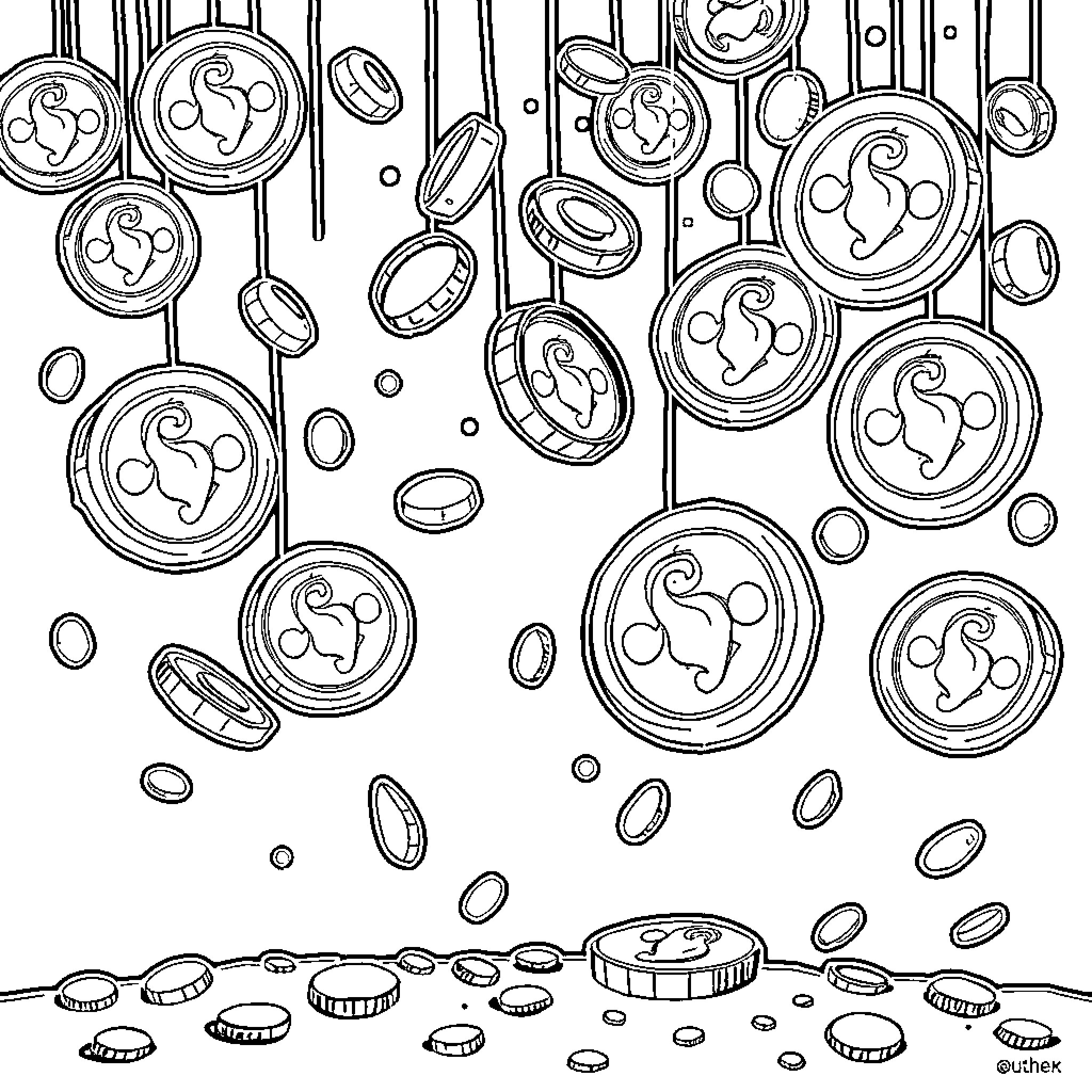 Coin Shower: A Cascade of Metallic Discs Coloring Page (free black-and-white line drawing printable PDF for all, from beginners to advanced learners, including children, teens, adults, and seniors)