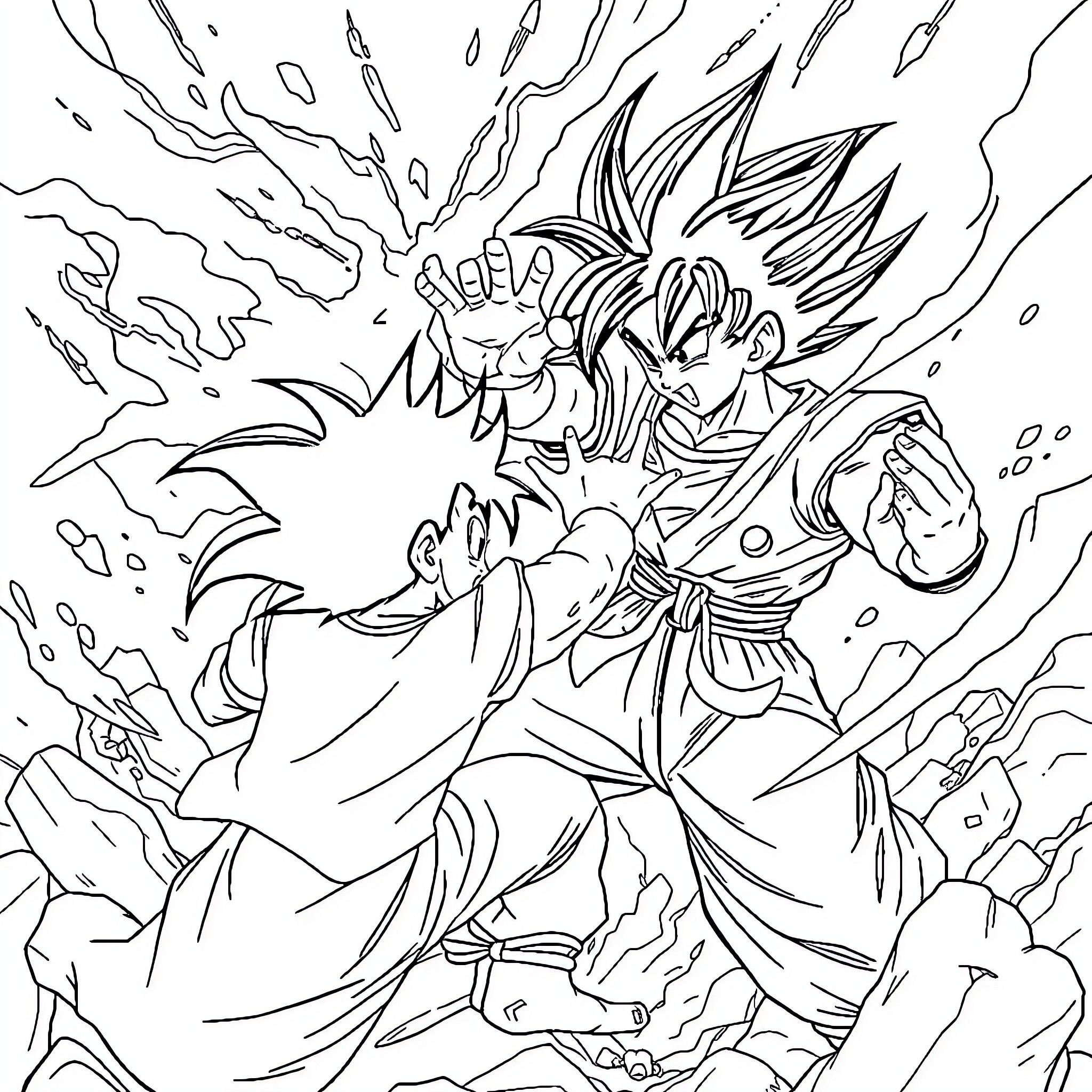 Gohan unleashing powerful energy blast in intense action scene Coloring Page (free black-and-white line drawing printable PDF for all, from beginners to advanced learners, including children, teens, adults, and seniors)