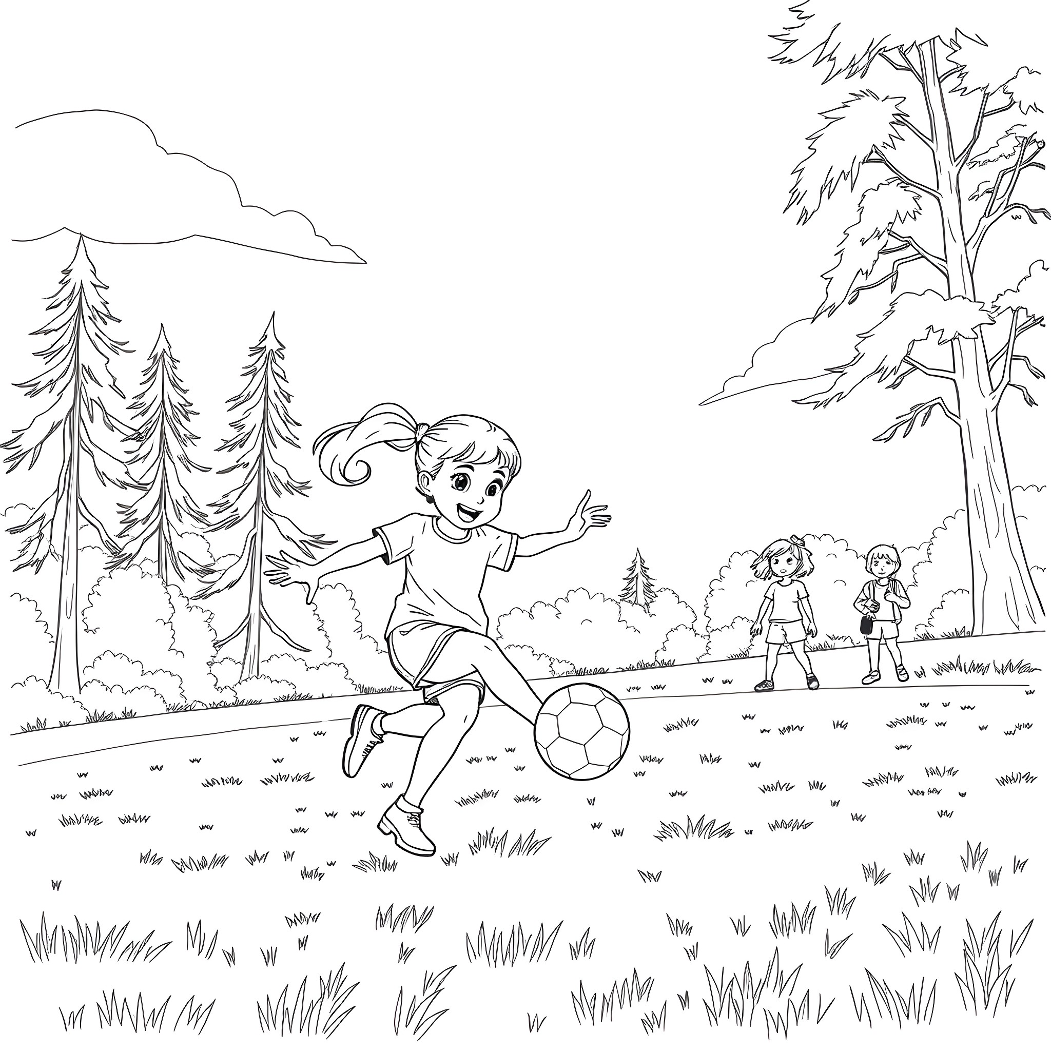 Gabby's Outdoor Adventure with Friends Coloring Page (free black-and-white line drawing printable PDF for all, from beginners to advanced learners, including children, teens, adults, and seniors)