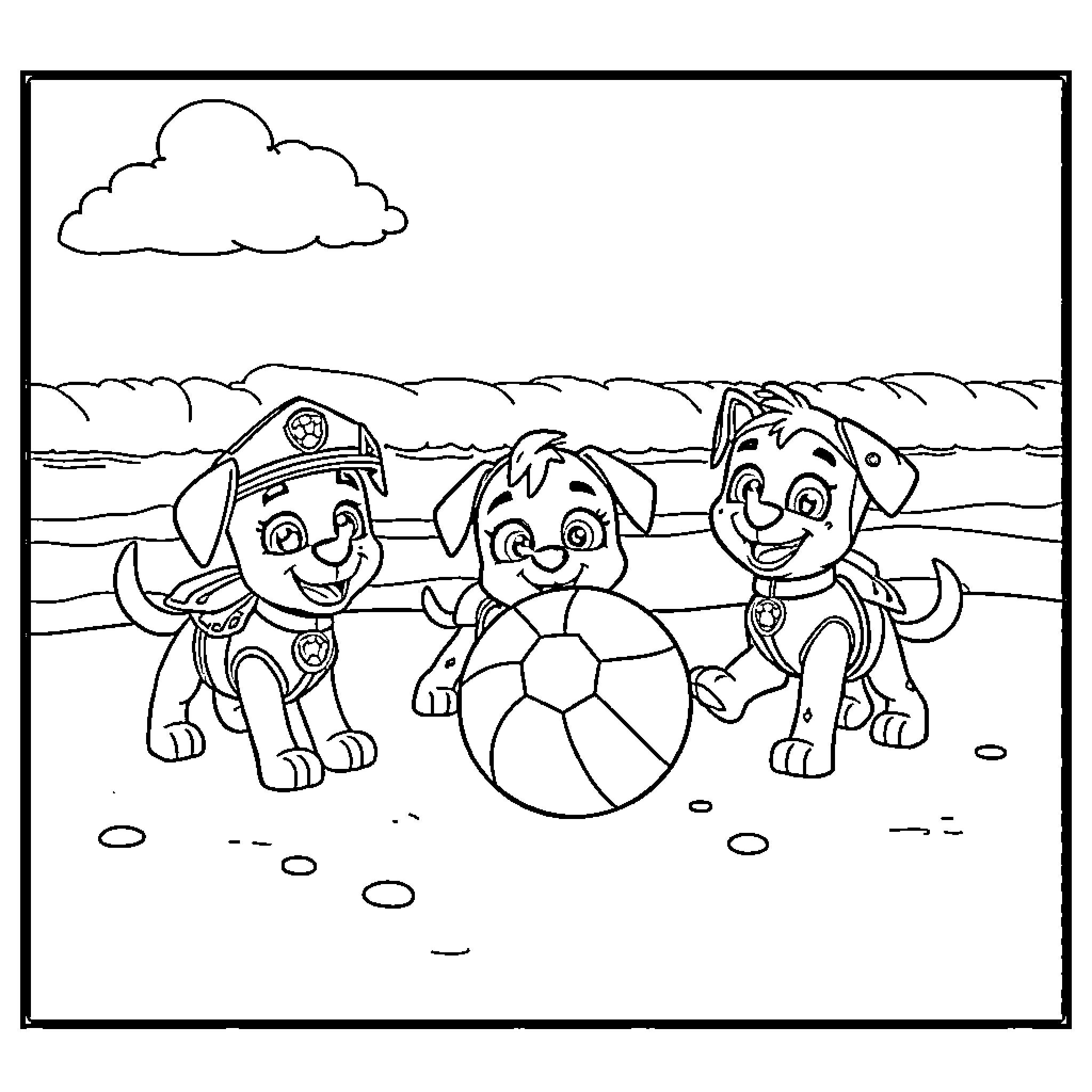 Paw Patrol playing on the beach Coloring Page (free black-and-white line drawing printable PDF for all, from beginners to advanced learners, including children, teens, adults, and seniors)