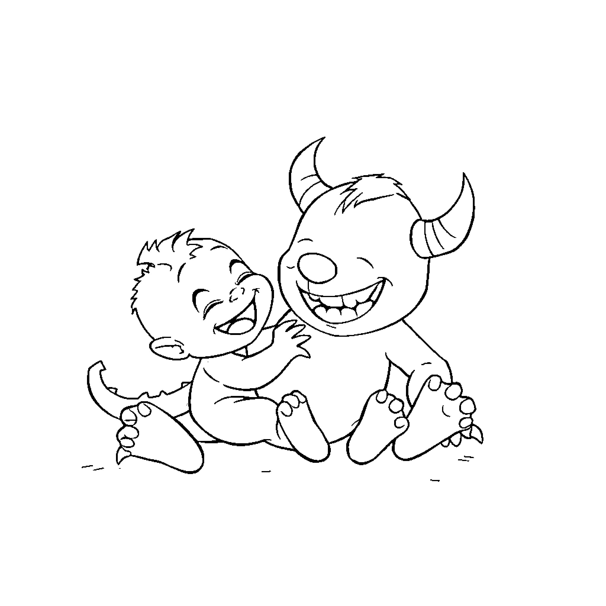 Monster siblings playing together happily Coloring Page (free black-and-white line drawing printable PDF for all, from beginners to advanced learners, including children, teens, adults, and seniors)
