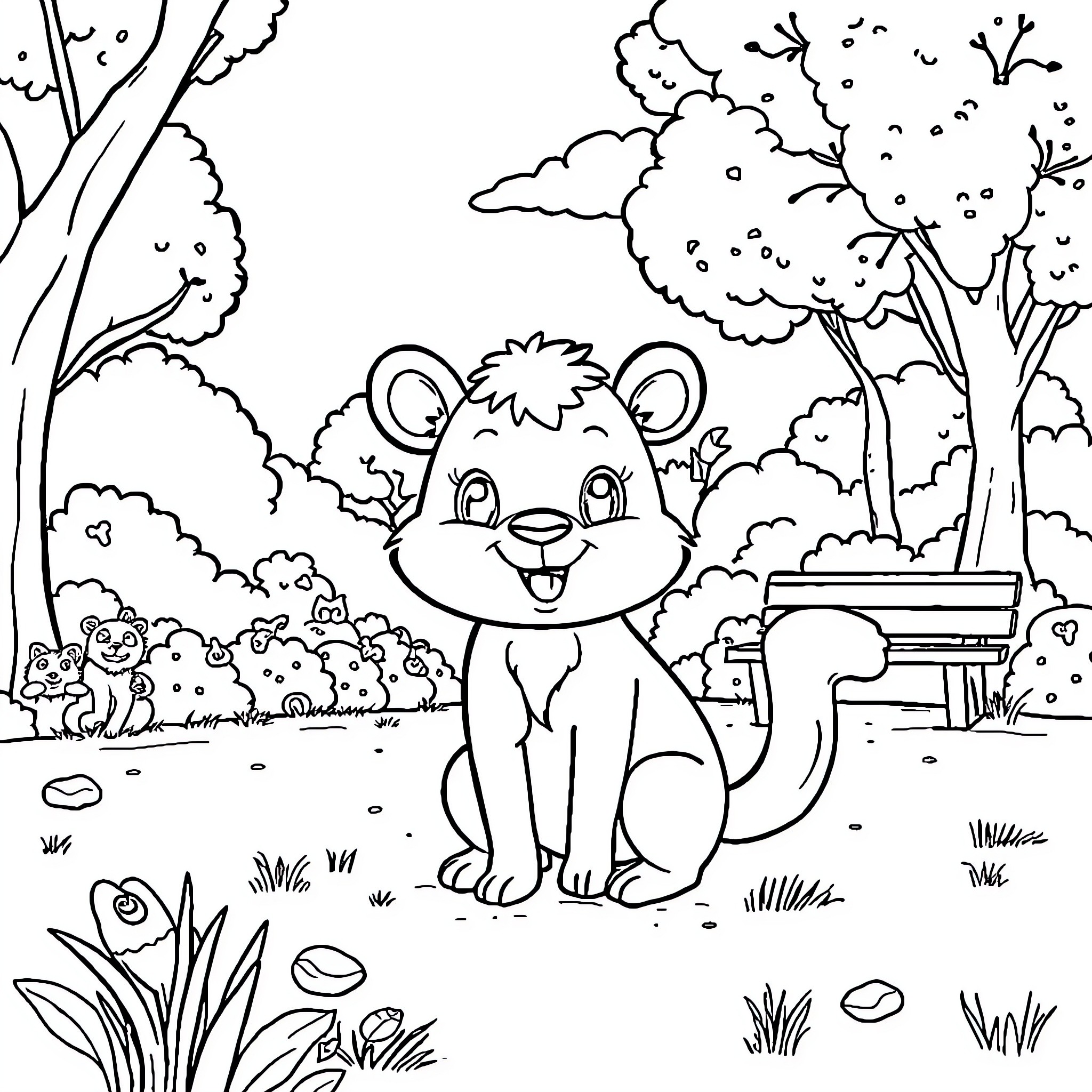 Animal playing playfully in the forest Coloring Page (free black-and-white line drawing printable PDF for all, from beginners to advanced learners, including children, teens, adults, and seniors)