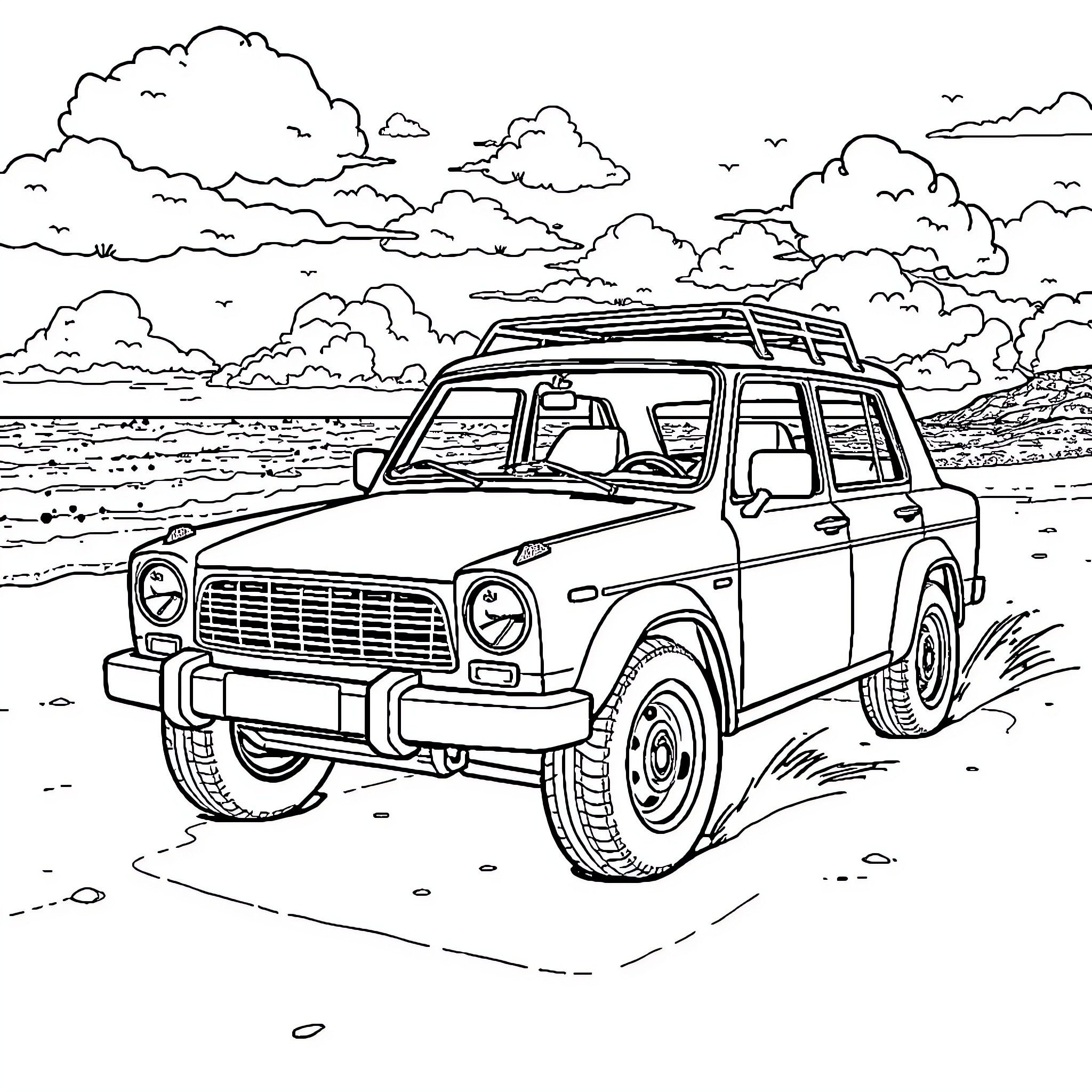 Car driving on the beach with clouds in the sky Coloring Page (free black-and-white line drawing printable PDF for all, from beginners to advanced learners, including children, teens, adults, and seniors)
