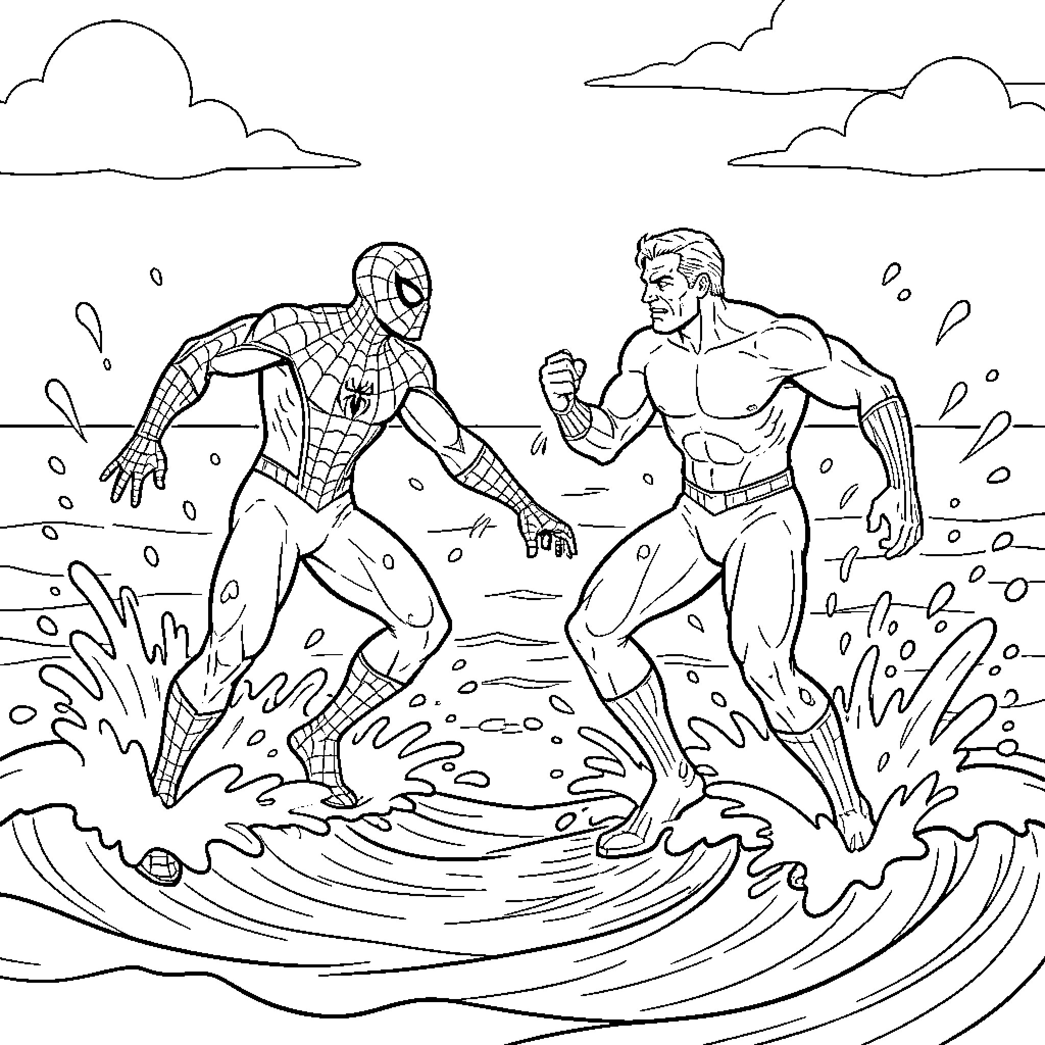 Spiderman battles a muscular foe in an intense confrontation Coloring Page (free black-and-white line drawing printable PDF for all, from beginners to advanced learners, including children, teens, adults, and seniors)