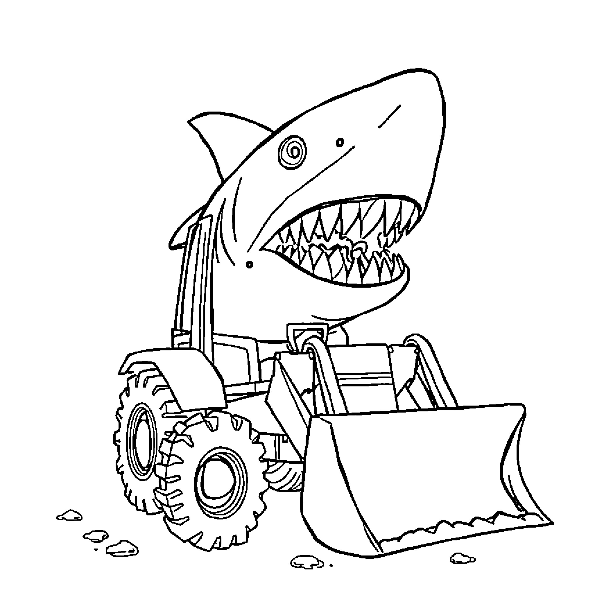 Digger Shark excavating and constructing with heavy machinery Coloring Page (free black-and-white line drawing printable PDF for all, from beginners to advanced learners, including children, teens, adults, and seniors)