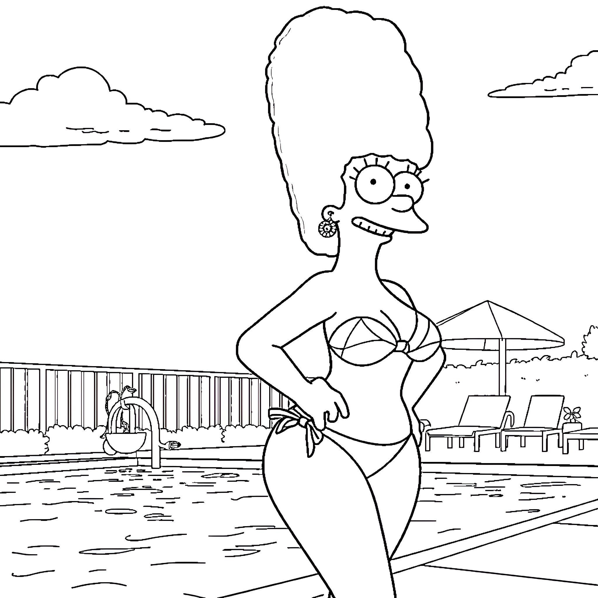 Marge Simpson enjoying a day at the beach Coloring Page (free black-and-white line drawing printable PDF for all, from beginners to advanced learners, including children, teens, adults, and seniors)