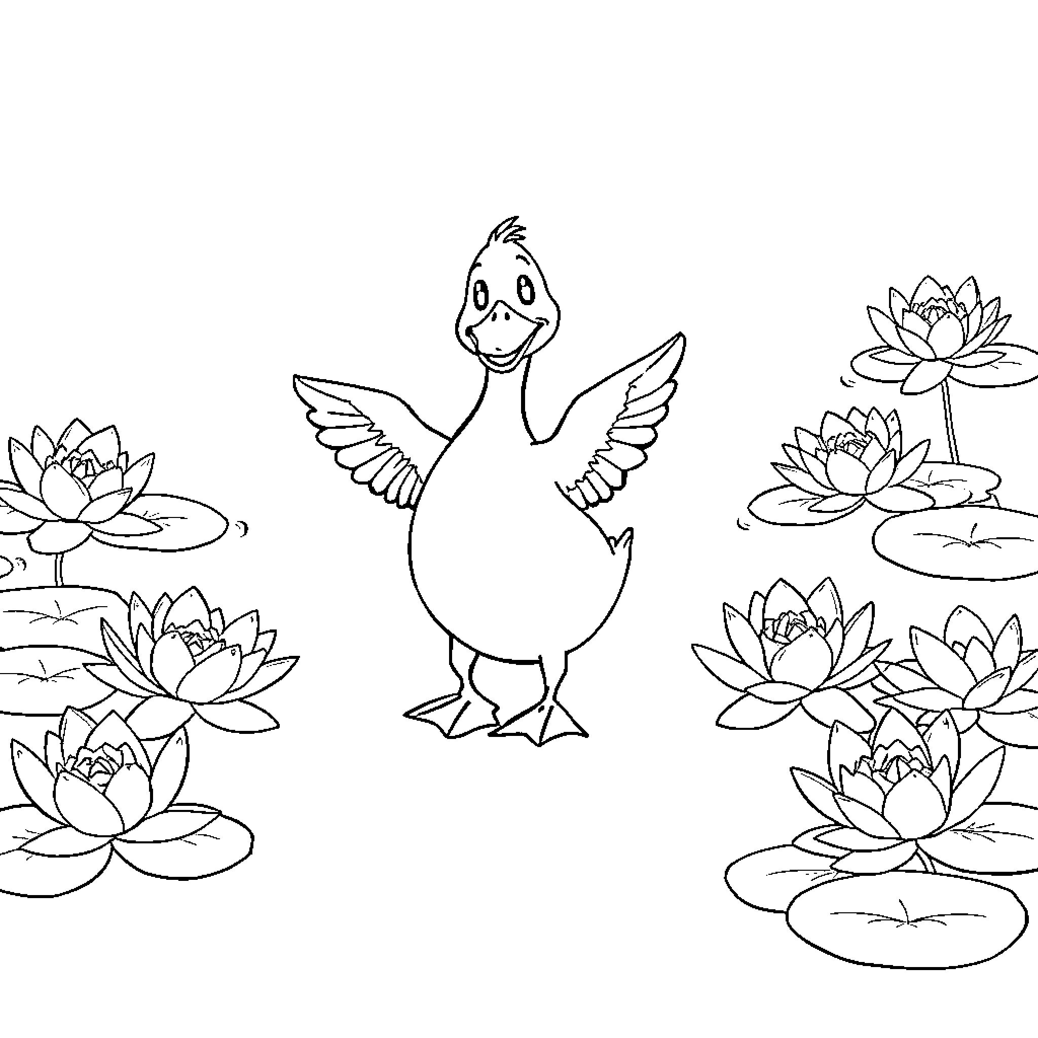 Duck waddling happily among lotus flowers Coloring Page (free black-and-white line drawing printable PDF for all, from beginners to advanced learners, including children, teens, adults, and seniors)