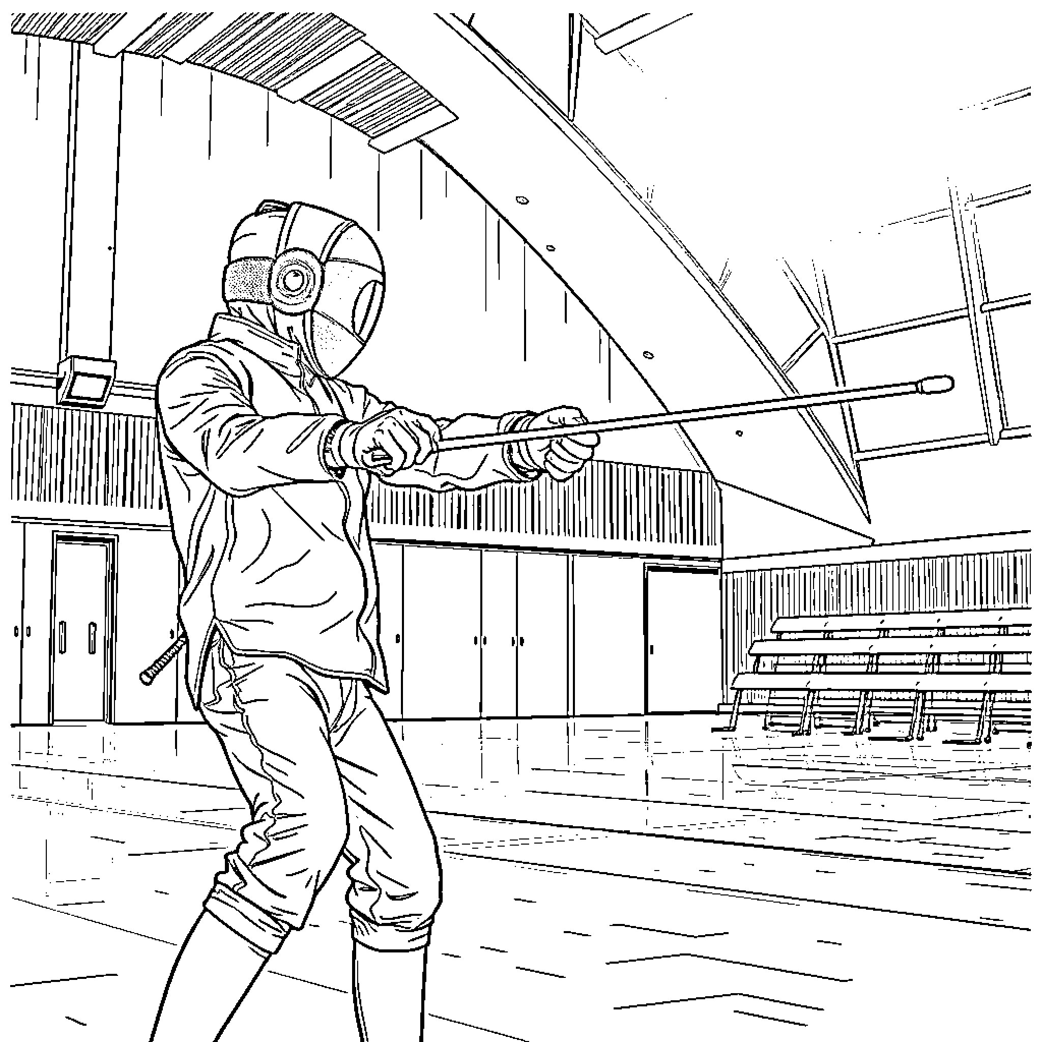 Saber-wielding figure in futuristic armored suit Coloring Page (free black-and-white line drawing printable PDF for all, from beginners to advanced learners, including children, teens, adults, and seniors)