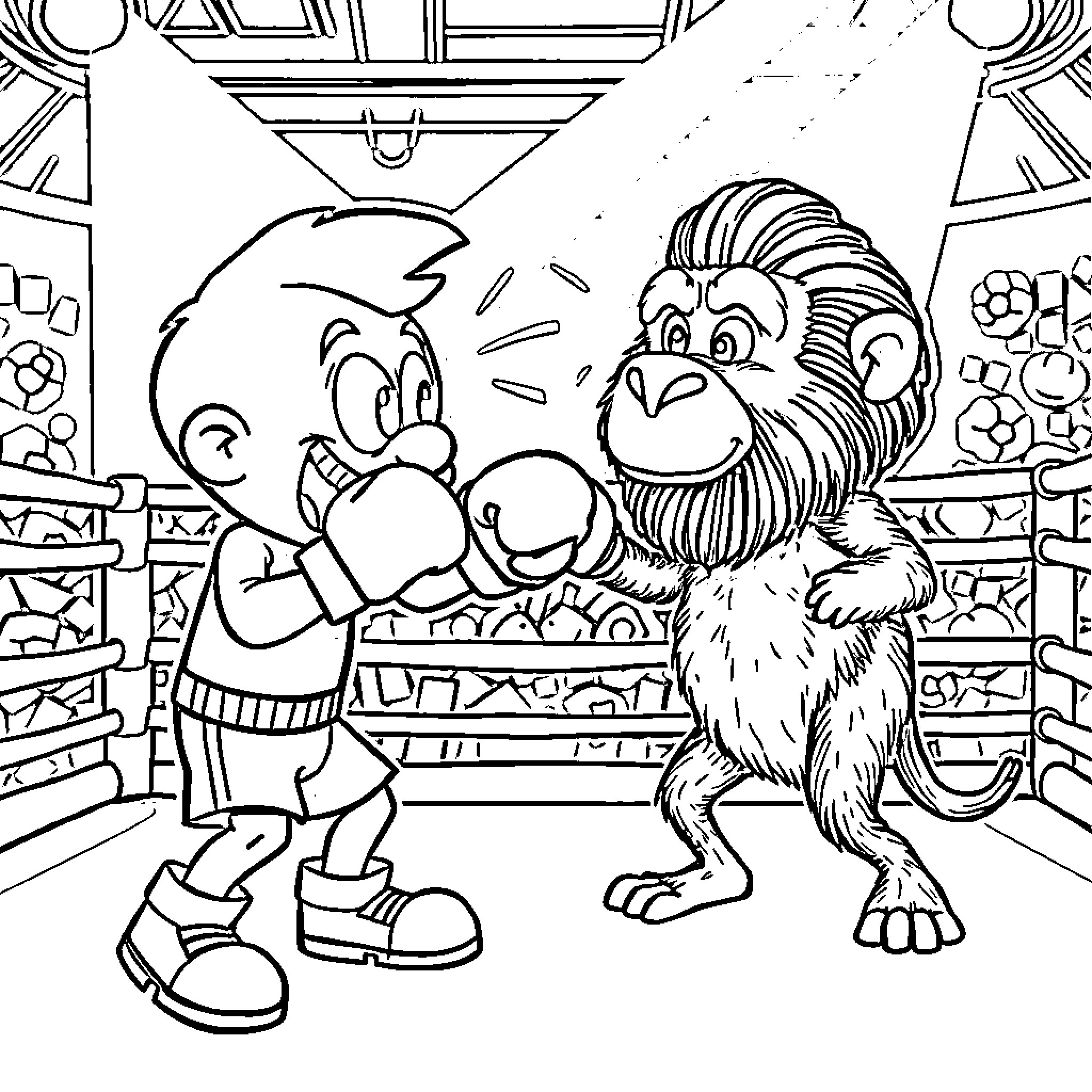 Gumball Characters Facing Off in a Playful Scuffle Coloring Page (free black-and-white line drawing printable PDF for all, from beginners to advanced learners, including children, teens, adults, and seniors)