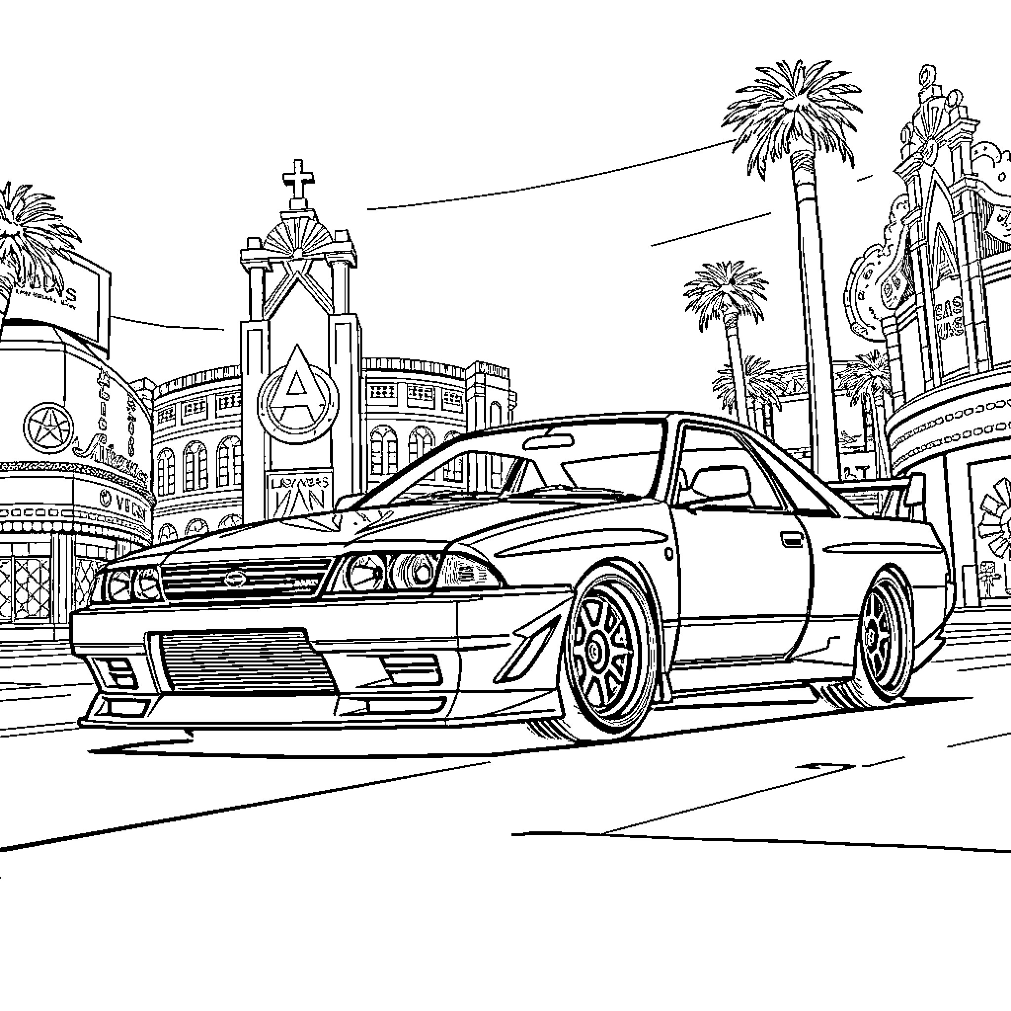 Nissan Skyline speeding through a bustling city scene Coloring Page (free black-and-white line drawing printable PDF for all, from beginners to advanced learners, including children, teens, adults, and seniors)
