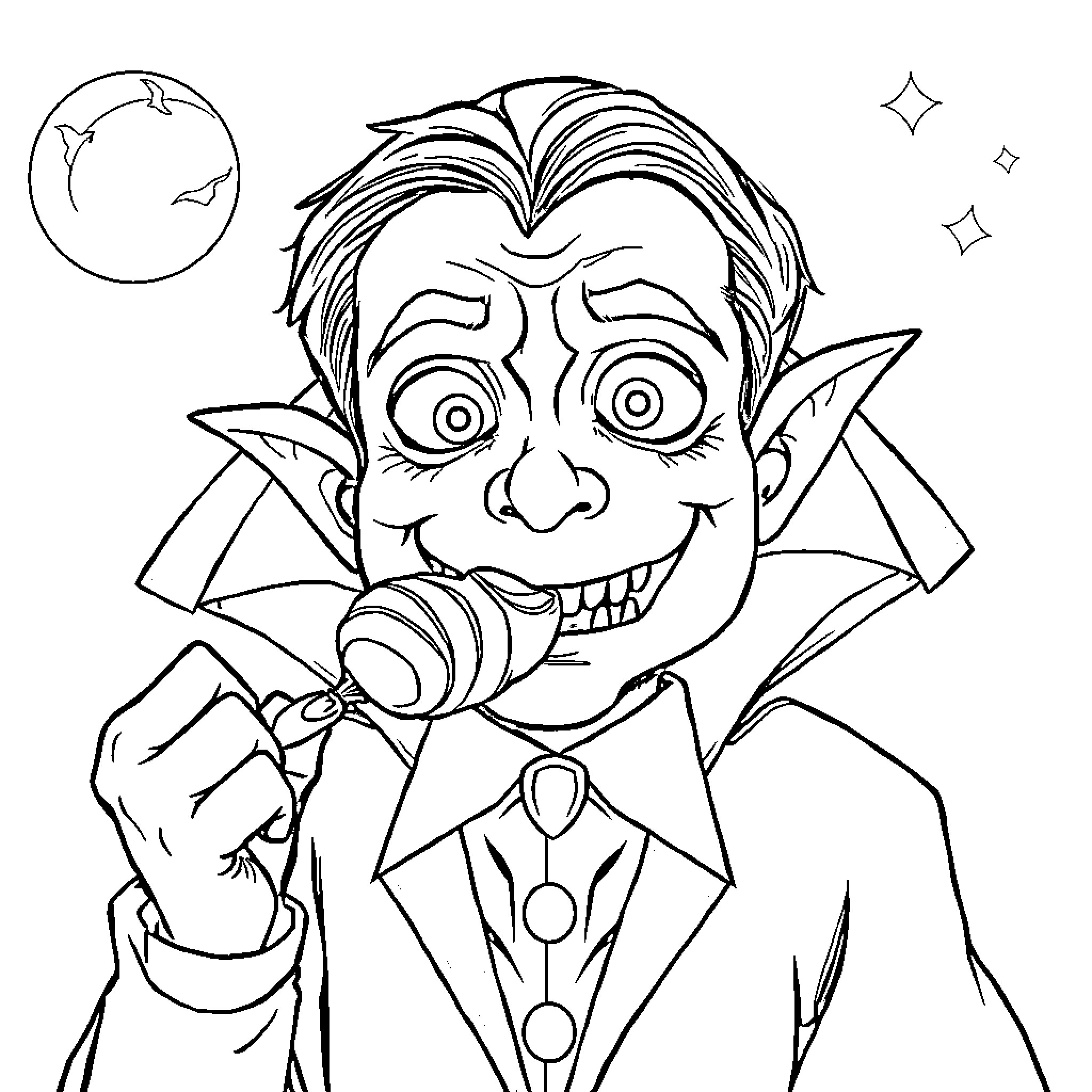 Vampire in formal attire with a sinister expression Coloring Page (free black-and-white line drawing printable PDF for all, from beginners to advanced learners, including children, teens, adults, and seniors)
