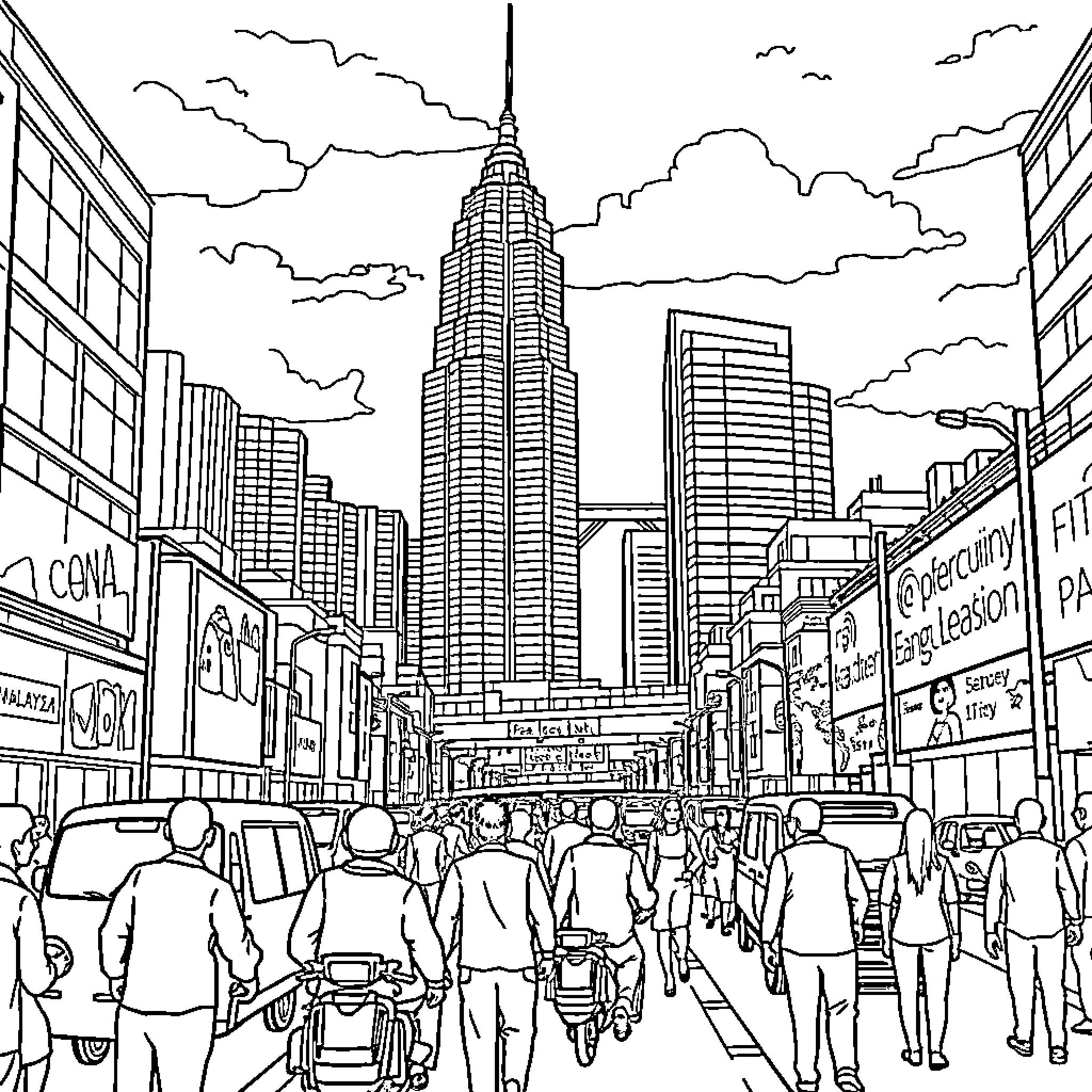 City street scene with busy pedestrian traffic and landmark skyscraper Coloring Page (free black-and-white line drawing printable PDF for all, from beginners to advanced learners, including children, teens, adults, and seniors)