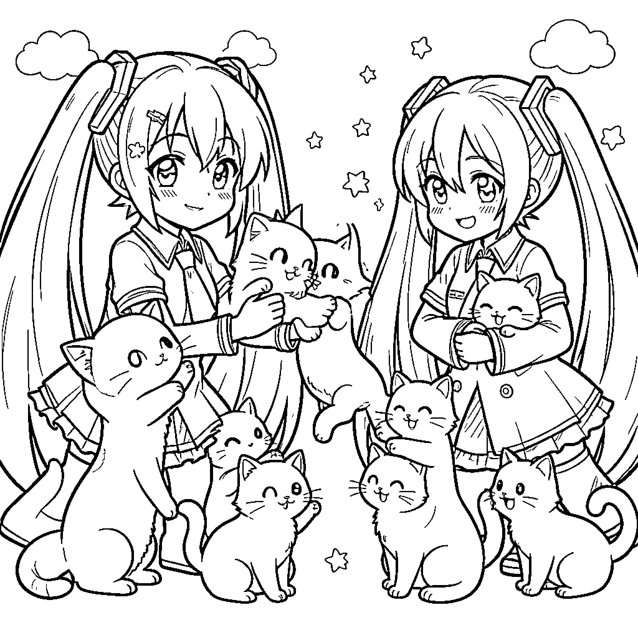Miku Hatsune and Friends in a Whimsical Gathering Coloring Page (free black-and-white line drawing printable PDF for all, from beginners to advanced learners, including children, teens, adults, and seniors)