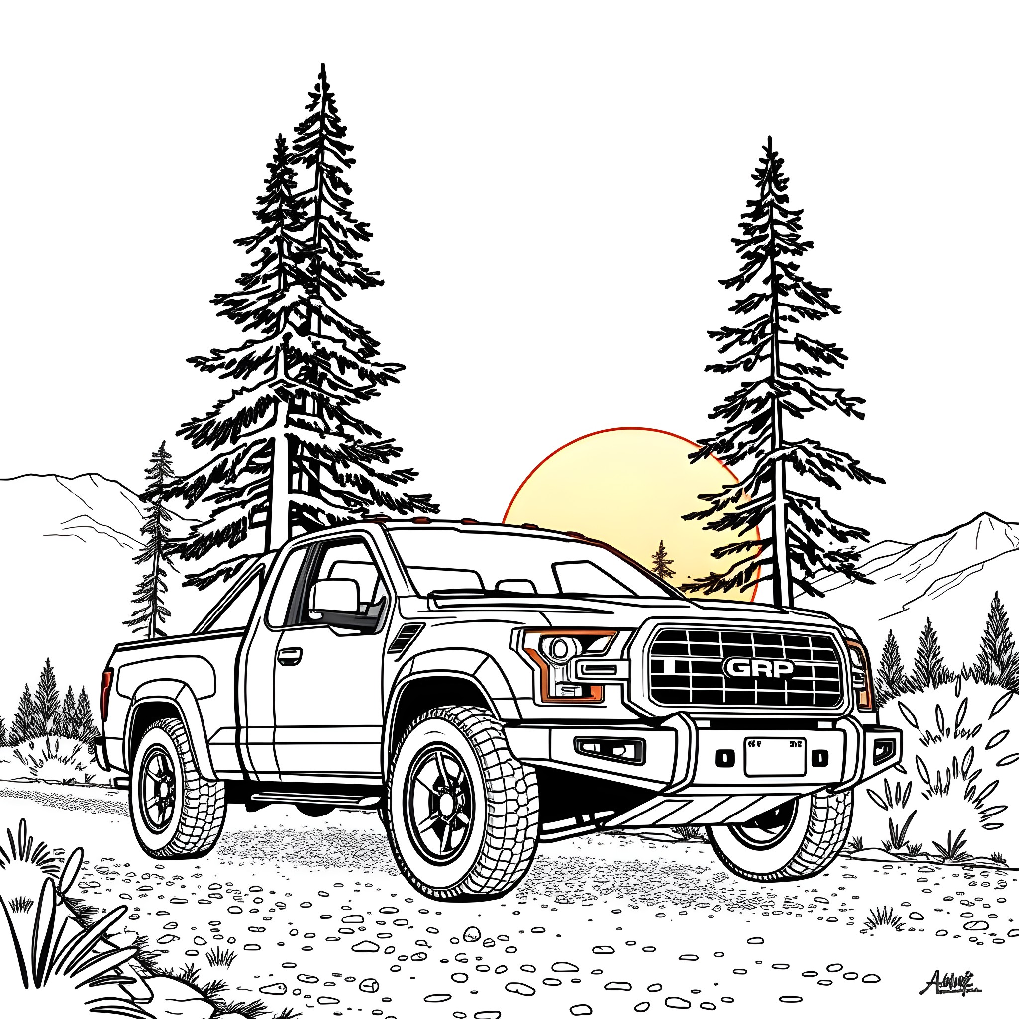 Pick Up Truck Traversing Rugged Terrain in Mountain Landscape Coloring Page (free black-and-white line drawing printable PDF for all, from beginners to advanced learners, including children, teens, adults, and seniors)