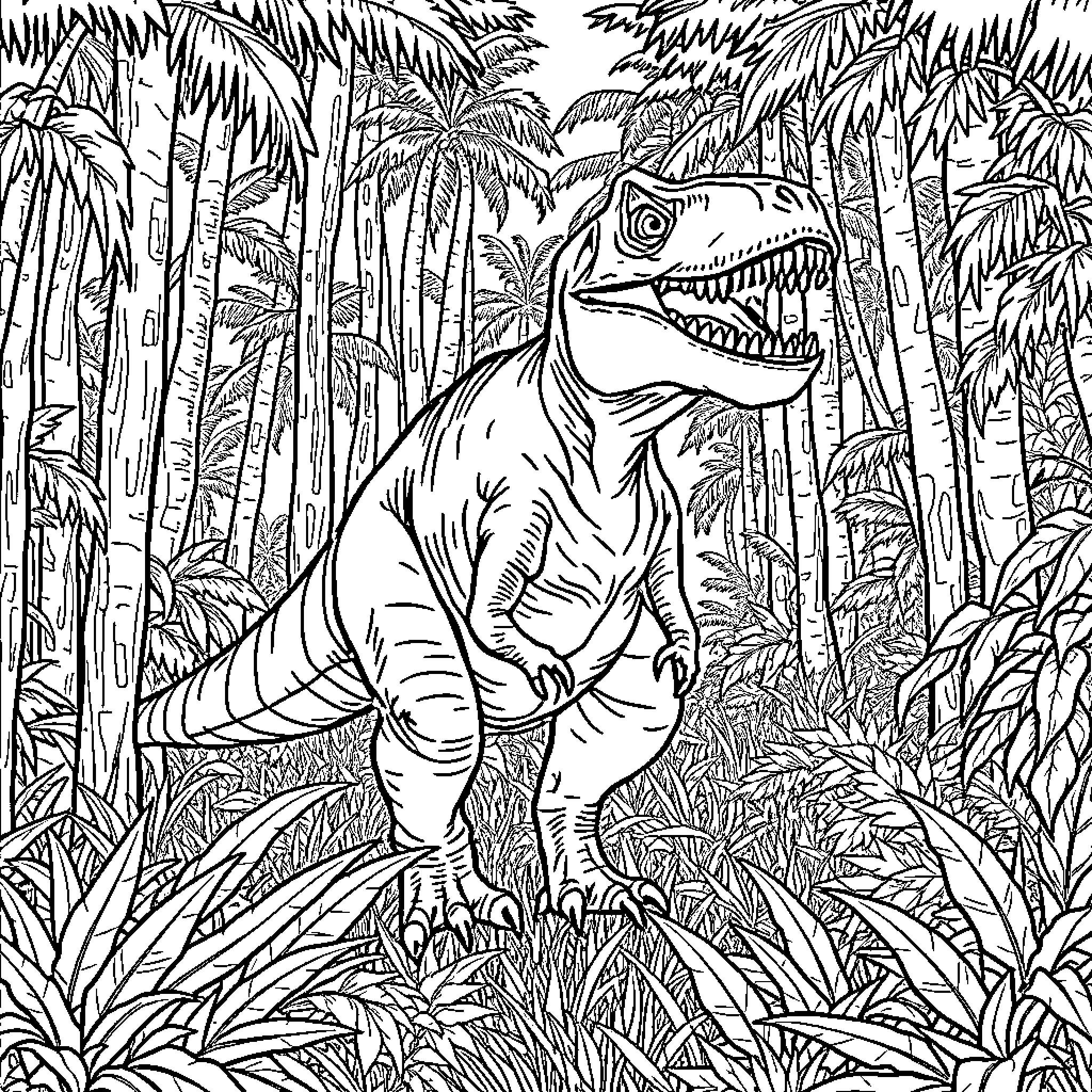 T-Rex roaming through the lush jungle Coloring Page (free black-and-white line drawing printable PDF for all, from beginners to advanced learners, including children, teens, adults, and seniors)