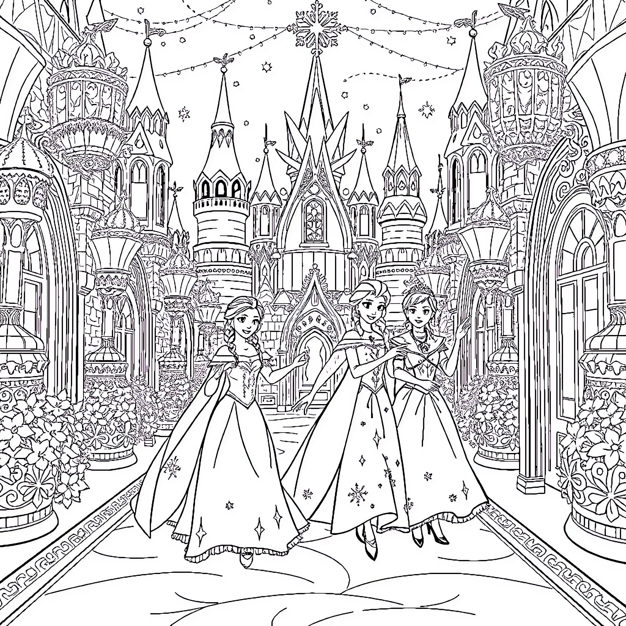 Disney Princess Enchanted Fairytale Castle Ball Coloring Page (free black-and-white line drawing printable PDF for all, from beginners to advanced learners, including children, teens, adults, and seniors)