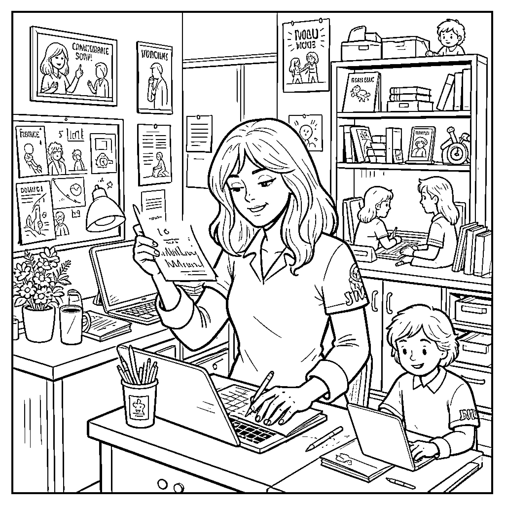 Judith's Helpful Guidance in the Classroom Coloring Page (free black-and-white line drawing printable PDF for all, from beginners to advanced learners, including children, teens, adults, and seniors)