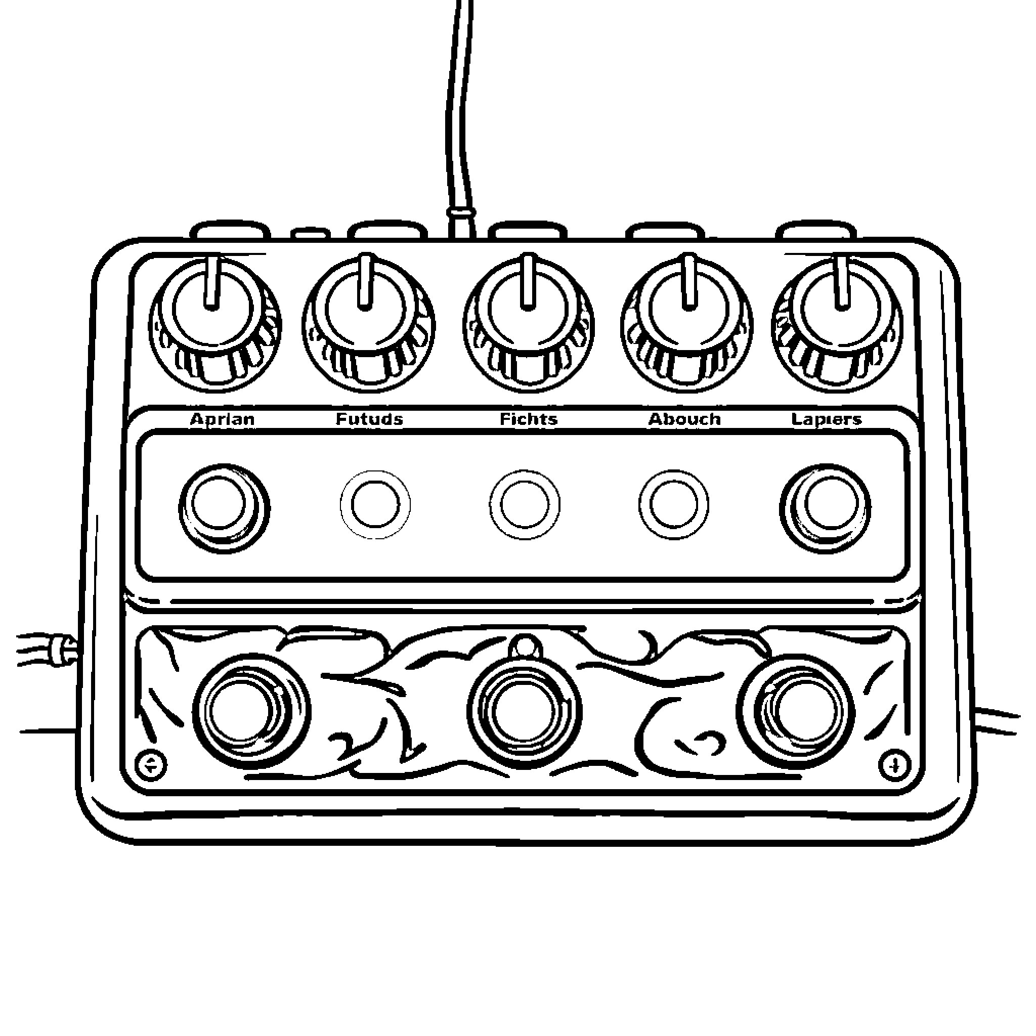 Guitar effects pedal with knobs and switches Coloring Page (free black-and-white line drawing printable PDF for all, from beginners to advanced learners, including children, teens, adults, and seniors)